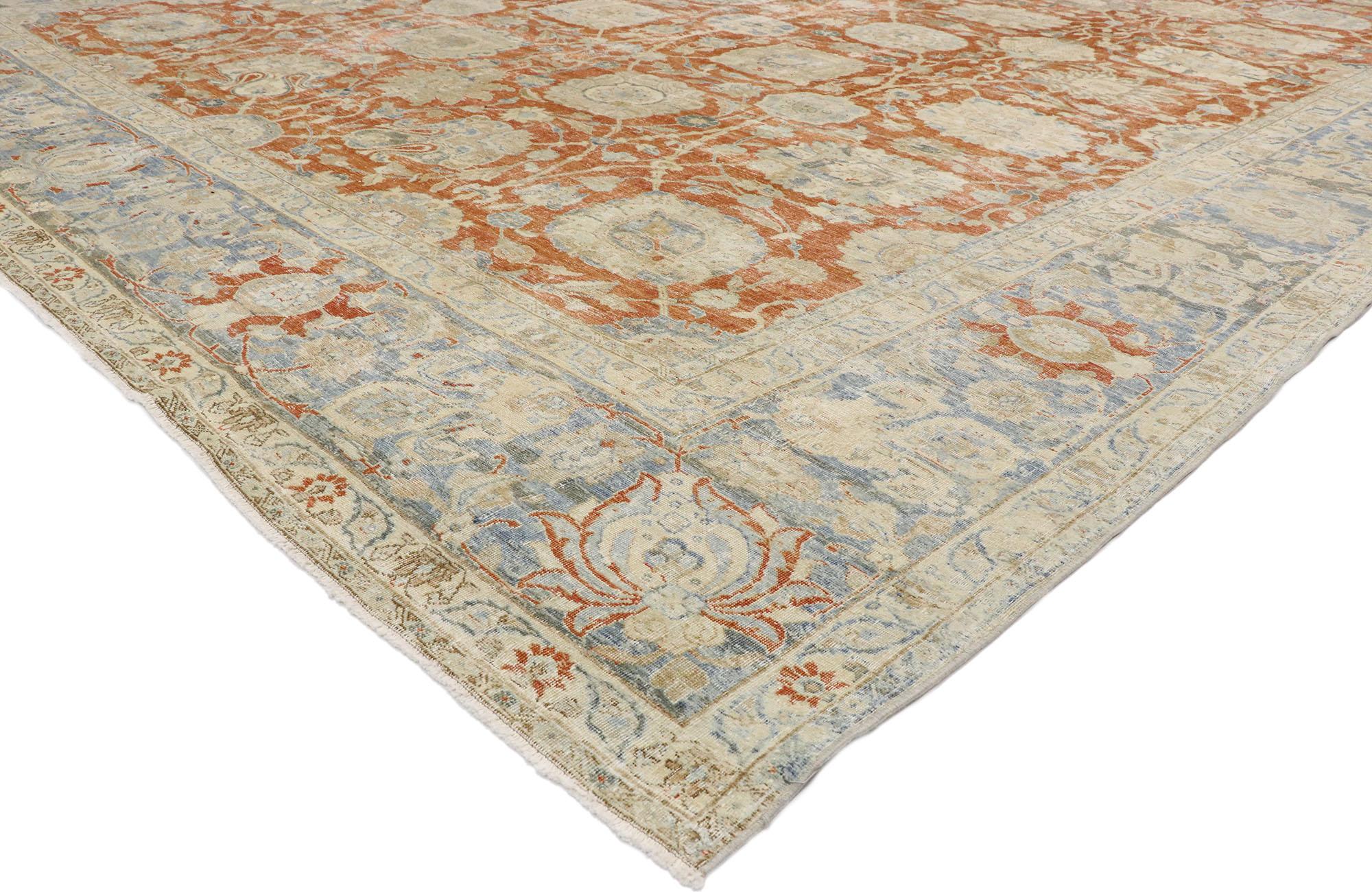Hand-Knotted Distressed Antique Persian Tabriz Rug with Rustic Colonial Style