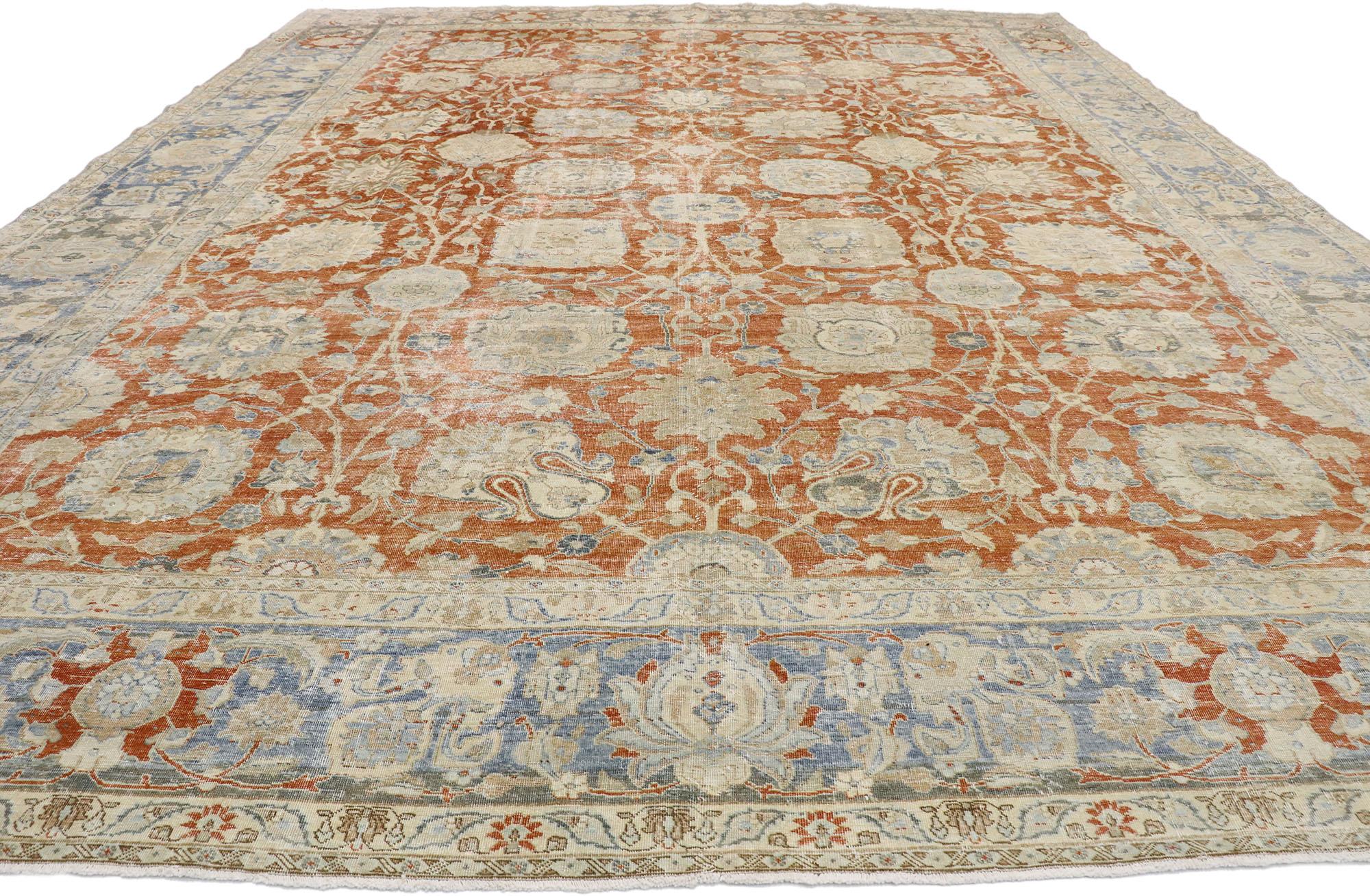Distressed Antique Persian Tabriz Rug with Rustic Colonial Style In Distressed Condition In Dallas, TX