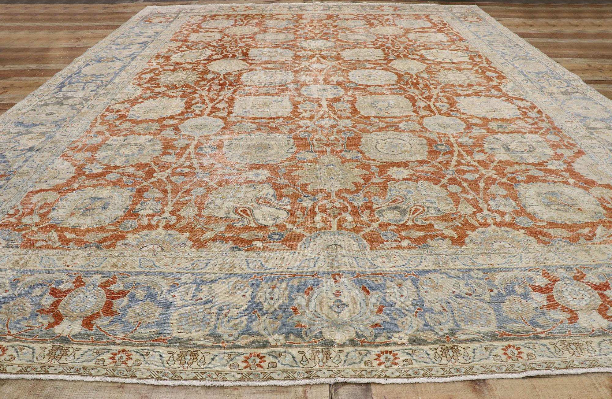 Distressed Antique Persian Tabriz Rug with Rustic Colonial Style 1