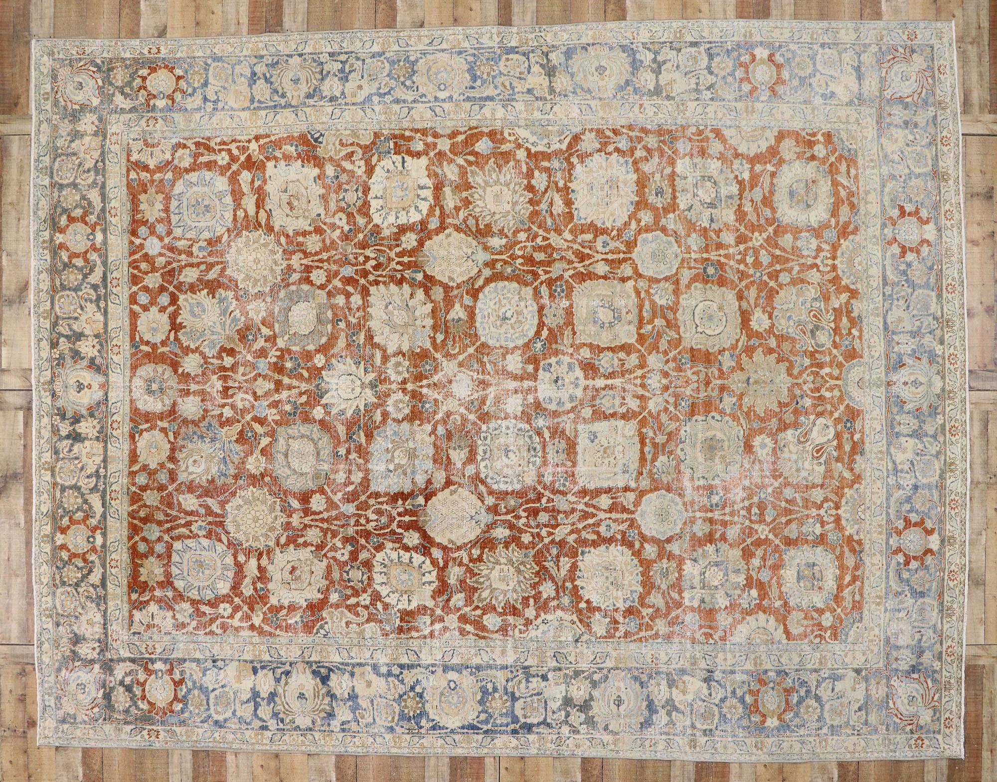 Distressed Antique Persian Tabriz Rug with Rustic Colonial Style 3