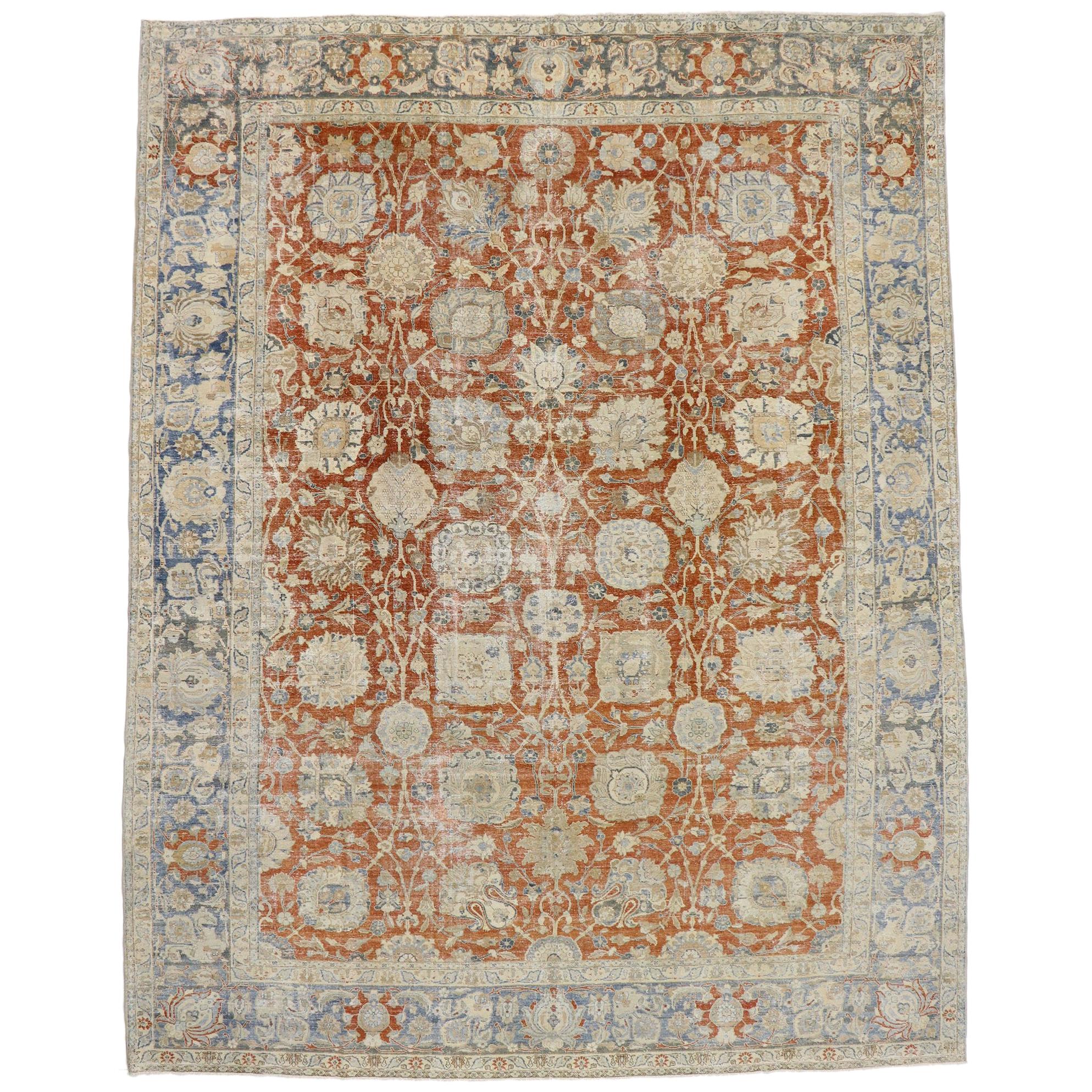 Distressed Antique Persian Tabriz Rug with Rustic Colonial Style