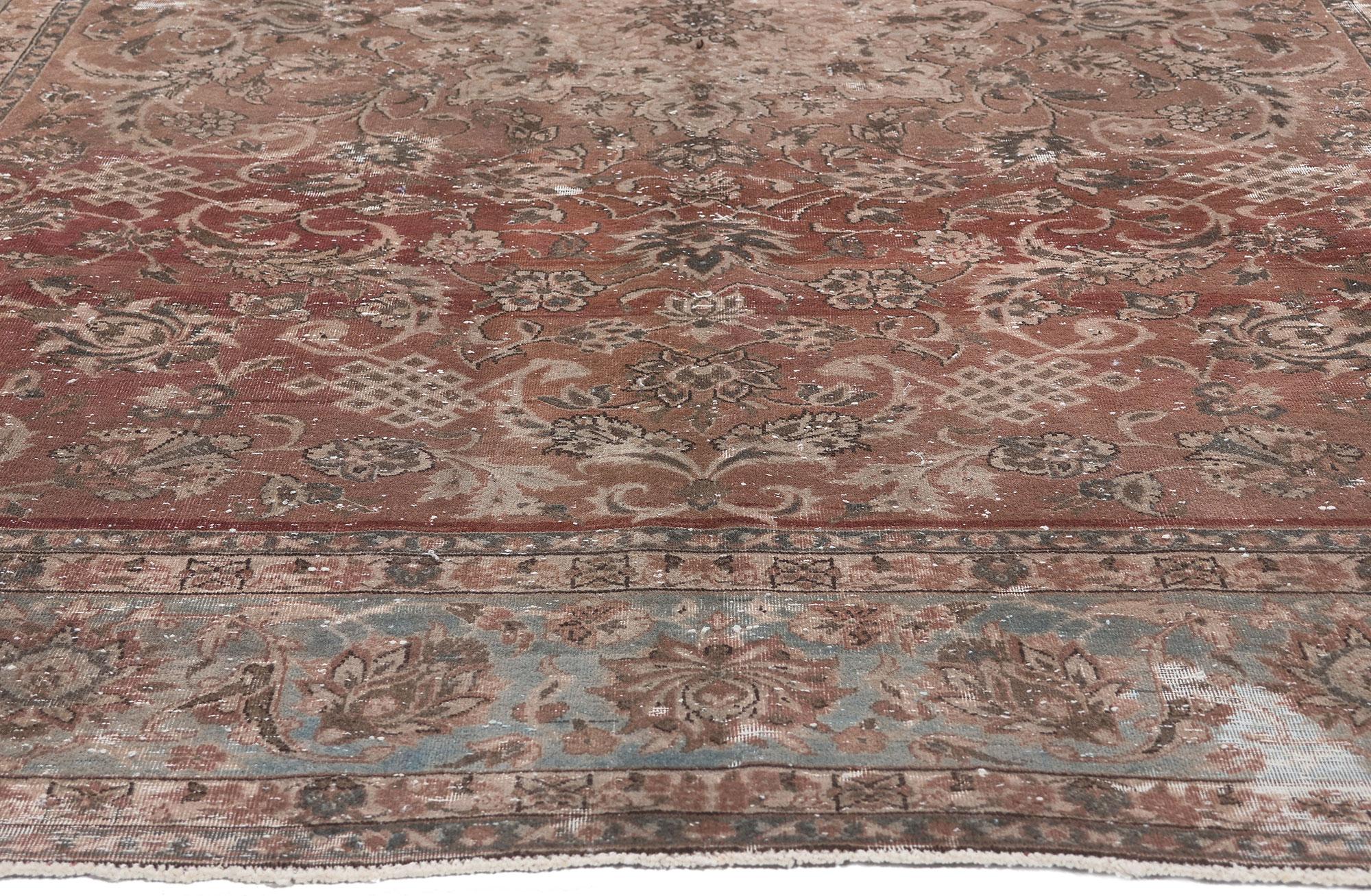 Distressed Antique Persian Tabriz Rug with Rustic Earth-Tone Colors In Distressed Condition For Sale In Dallas, TX