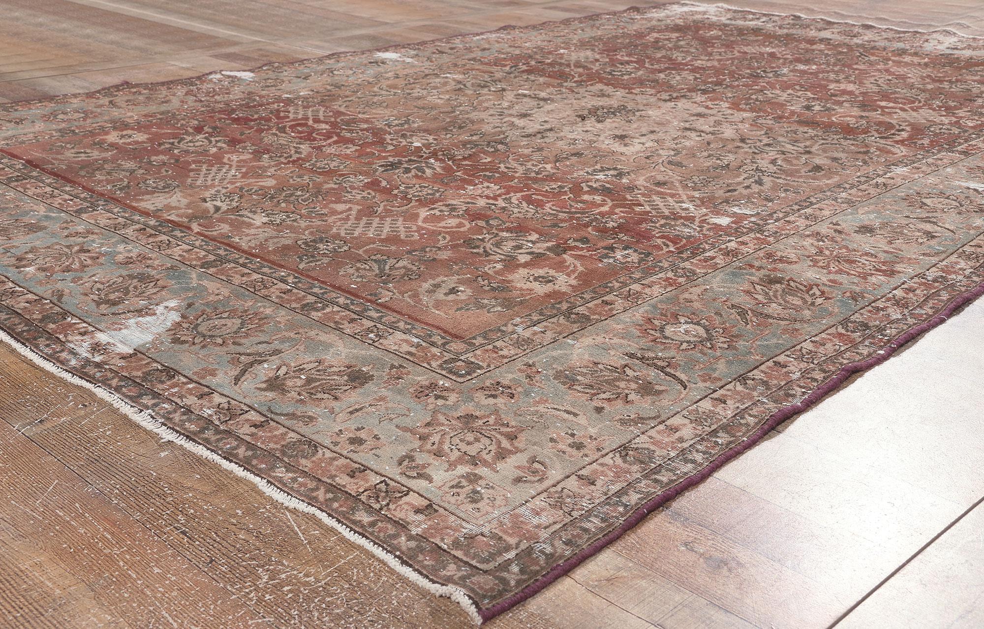 Distressed Antique Persian Tabriz Rug with Rustic Earth-Tone Colors For Sale 1