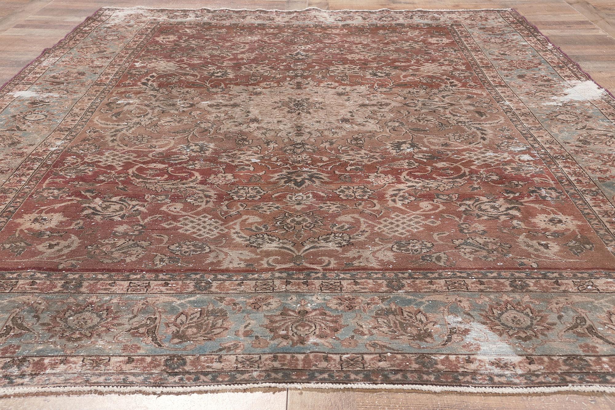 Distressed Antique Persian Tabriz Rug with Rustic Earth-Tone Colors For Sale 2
