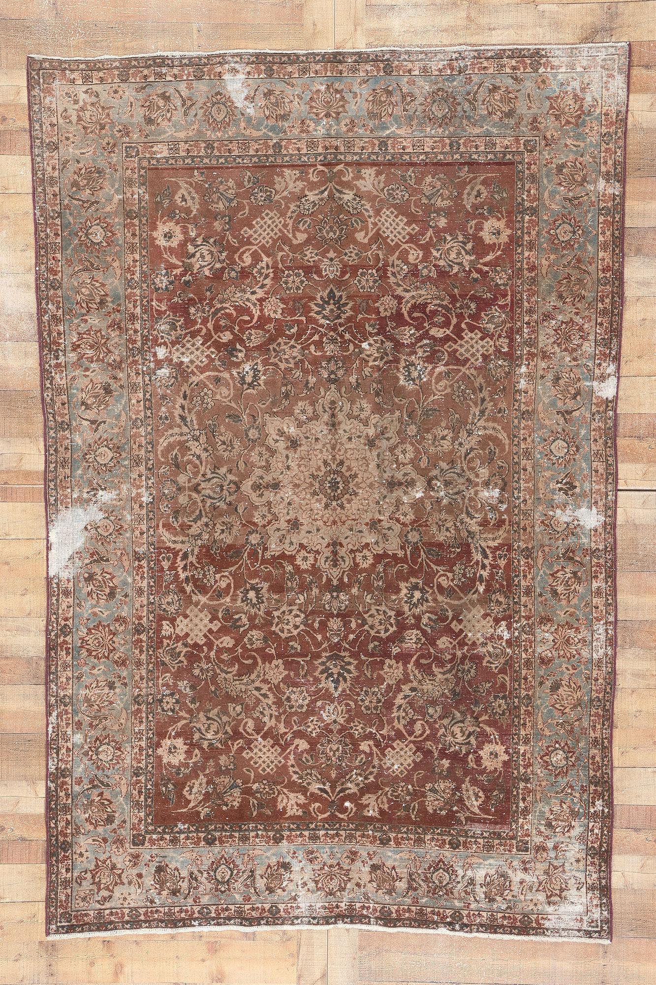 Distressed Antique Persian Tabriz Rug with Rustic Earth-Tone Colors For Sale 3