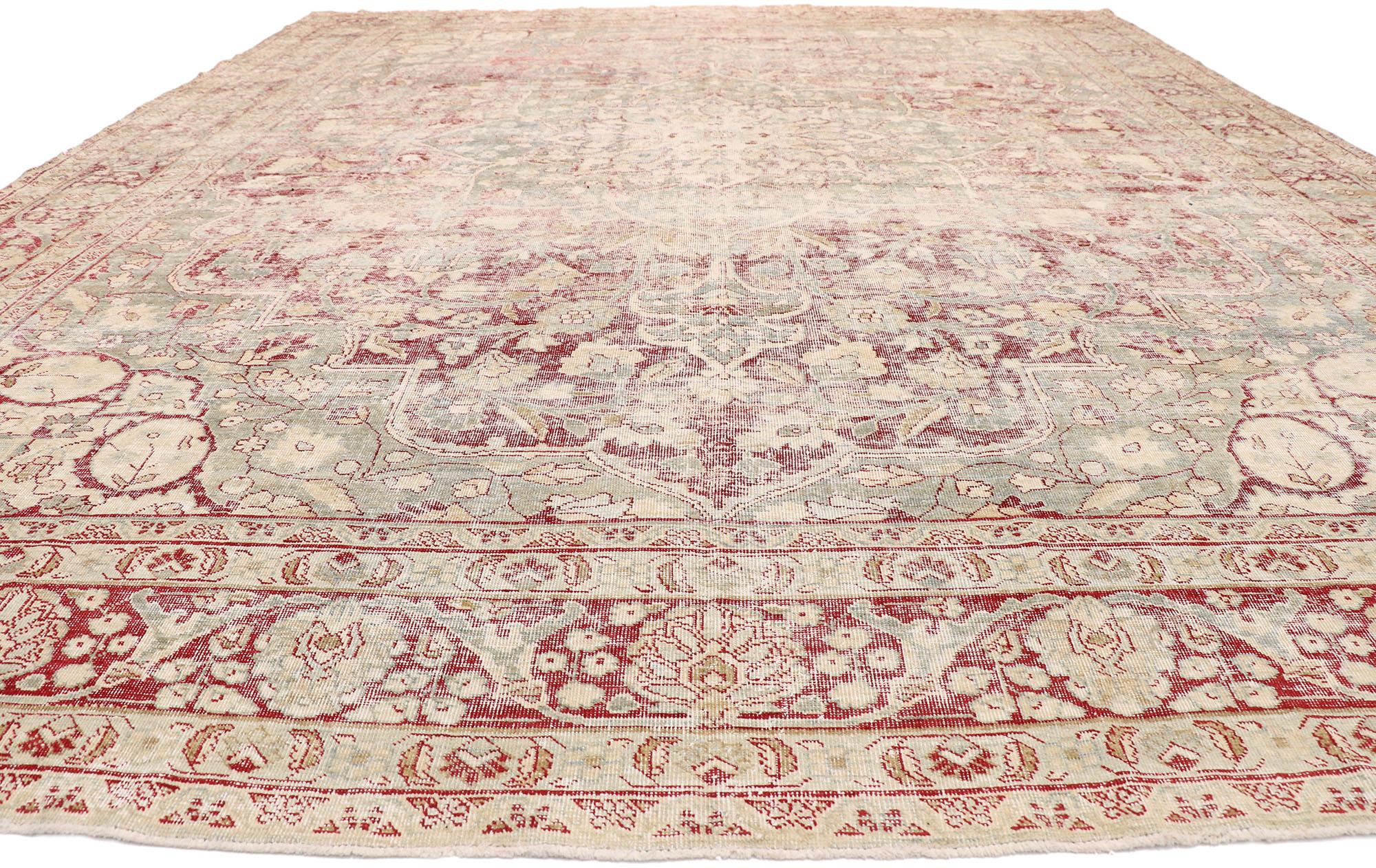 Hand-Knotted Distressed Antique Persian Tabriz Rug with Rustic English Chintz Style For Sale