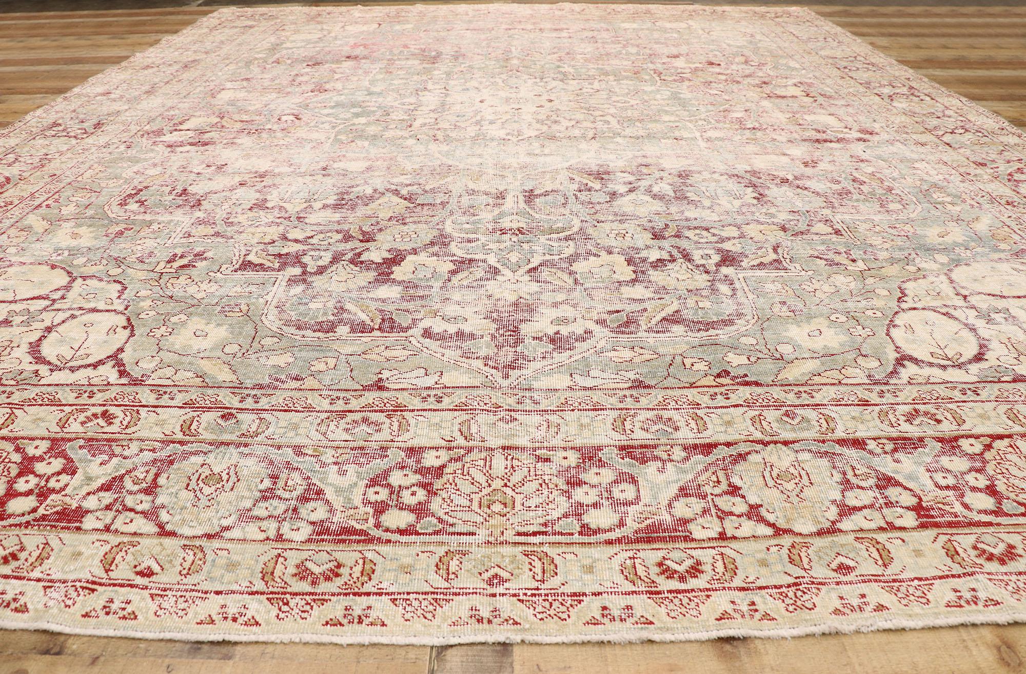 Distressed Antique Persian Tabriz Rug with Rustic English Chintz Style For Sale 1