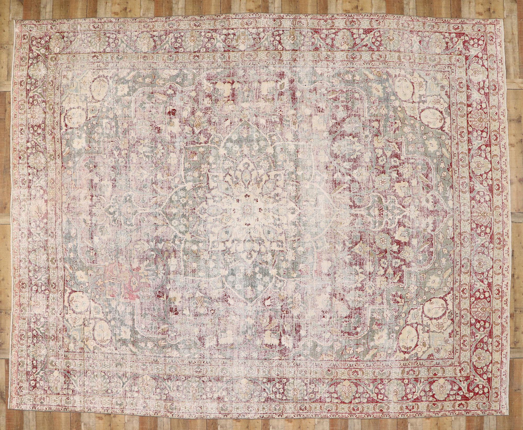 Distressed Antique Persian Tabriz Rug with Rustic English Chintz Style For Sale 2