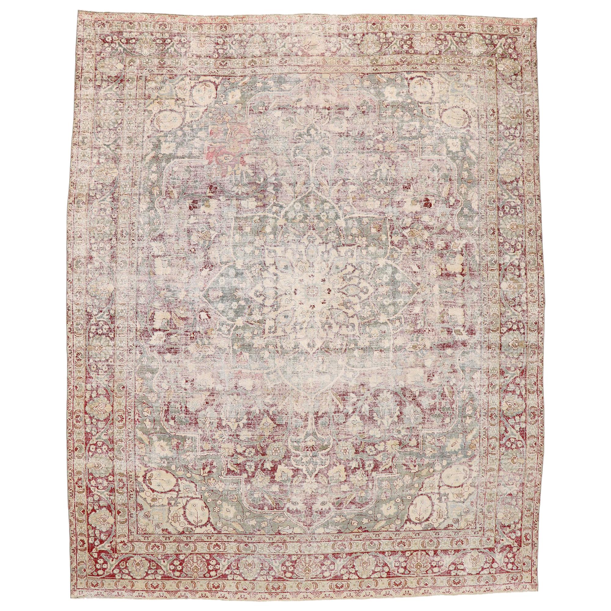 Distressed Antique Persian Tabriz Rug with Rustic English Chintz Style For Sale