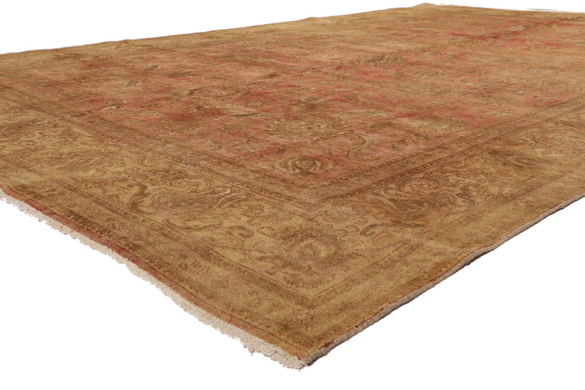 60739, Distressed Antique Persian Tabriz Rug with Rustic English Cottage  Style 10'10 x 16'03. With timeless elegance and lovingly timeworn appearance, this hand knotted wool distressed antique Persian Tabriz rug charms with ease and beautifully