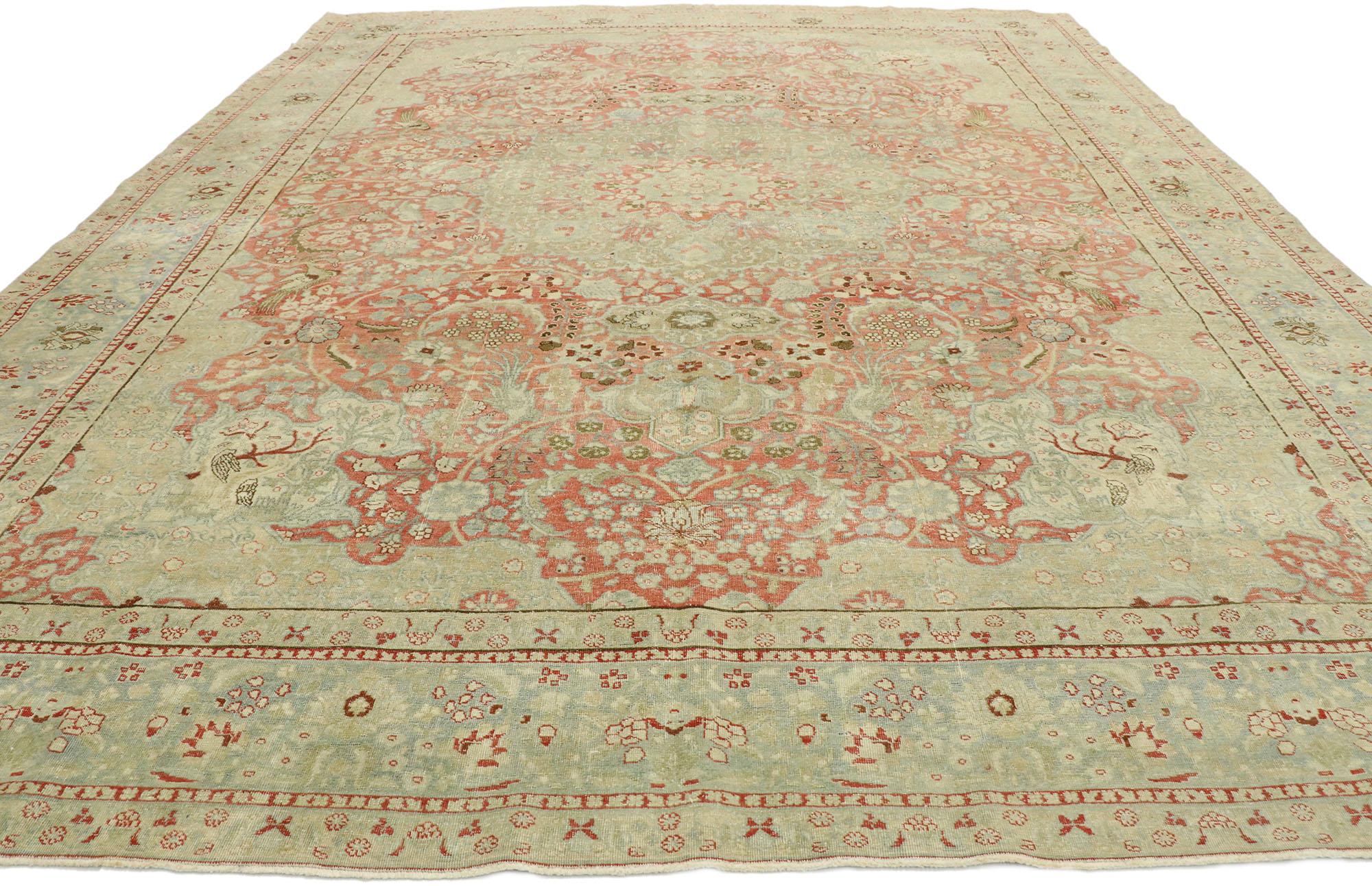 Hand-Knotted Distressed Antique Persian Tabriz Rug with Rustic English Cottage Style For Sale