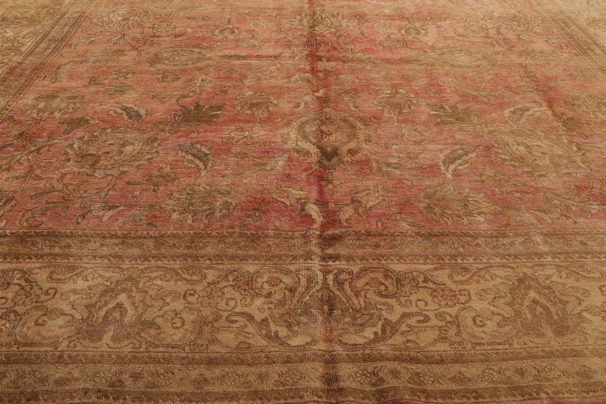 Hand-Knotted Distressed Antique Persian Tabriz Rug with Rustic English Cottage Style