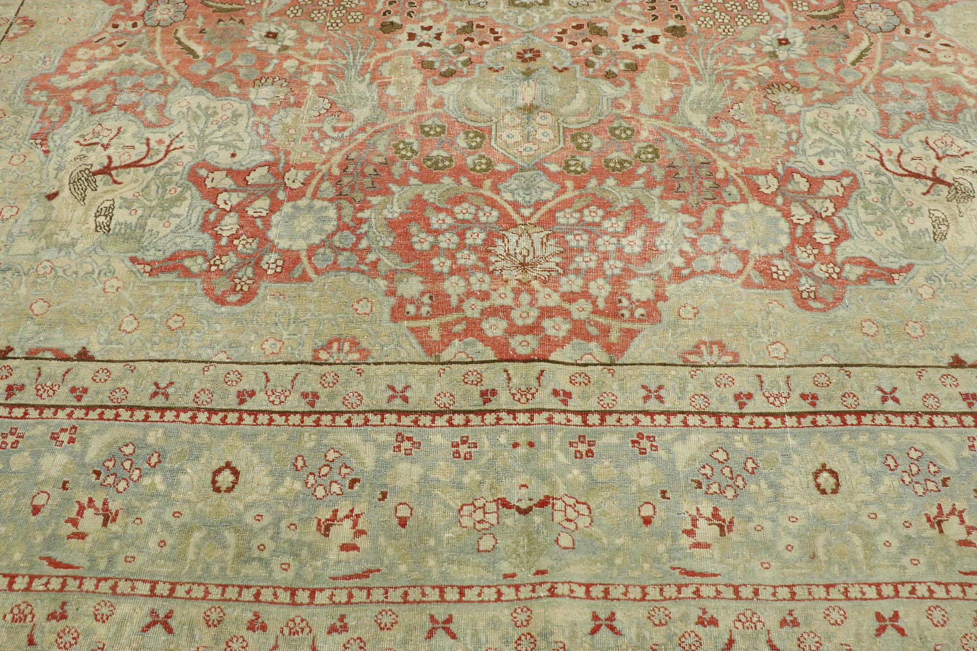Distressed Antique Persian Tabriz Rug with Rustic English Cottage Style In Distressed Condition For Sale In Dallas, TX