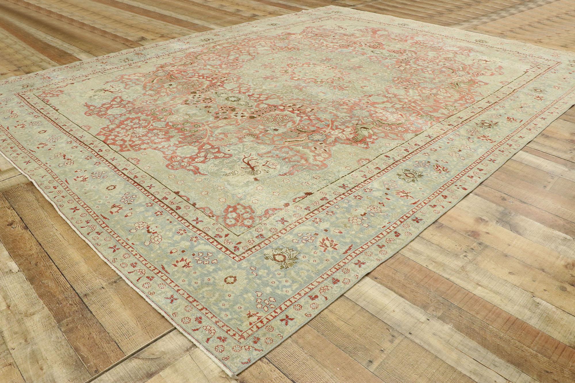 Wool Distressed Antique Persian Tabriz Rug with Rustic English Cottage Style For Sale