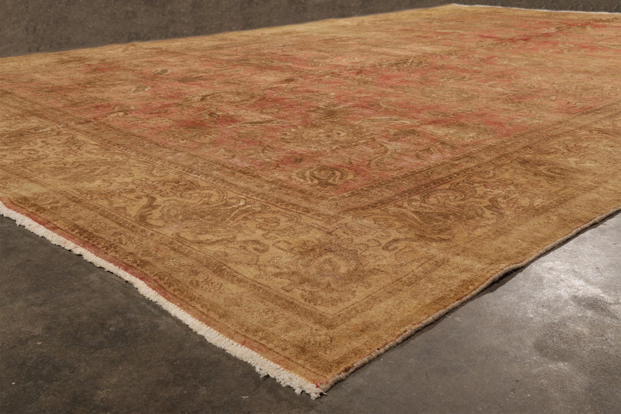 Wool Distressed Antique Persian Tabriz Rug with Rustic English Cottage Style