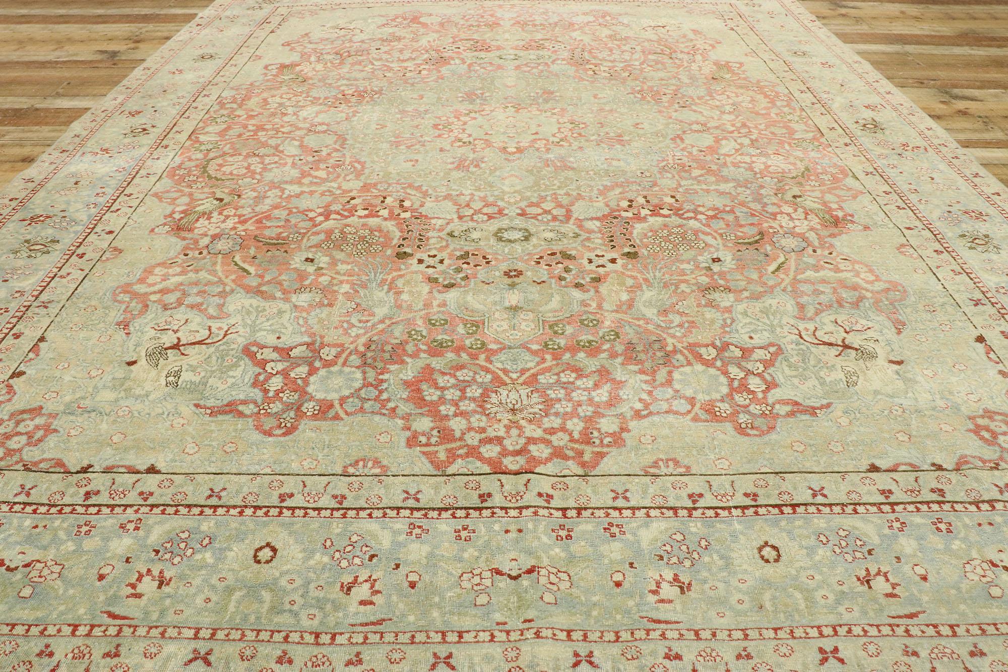 Distressed Antique Persian Tabriz Rug with Rustic English Cottage Style For Sale 1