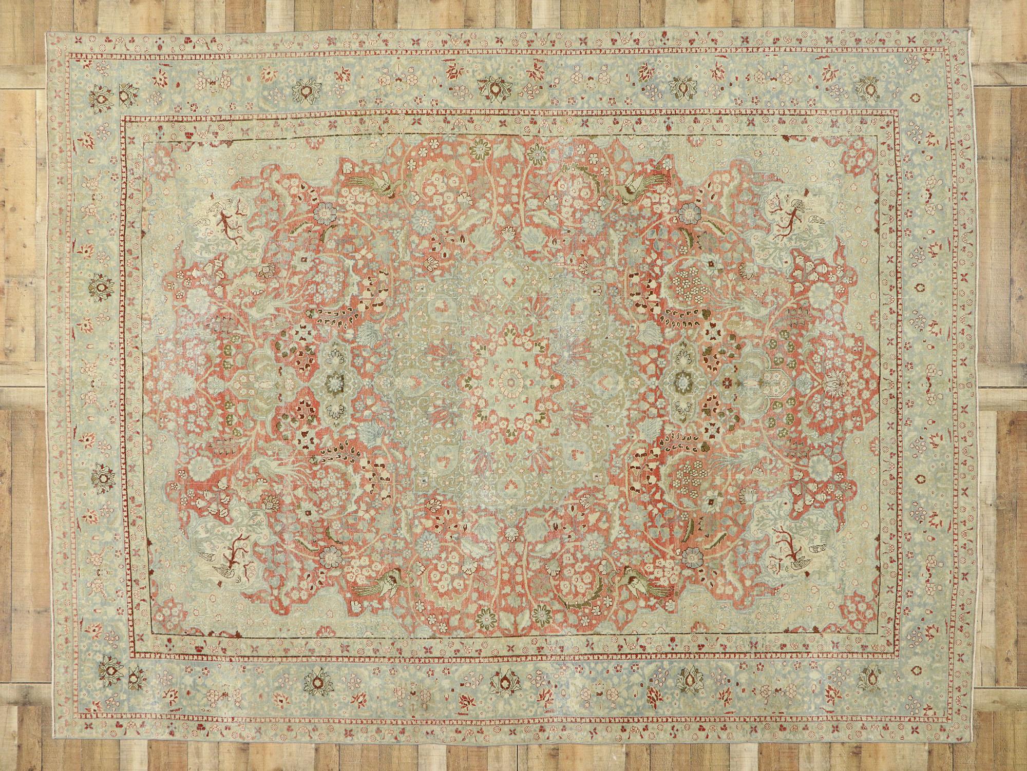 Distressed Antique Persian Tabriz Rug with Rustic English Cottage Style For Sale 2