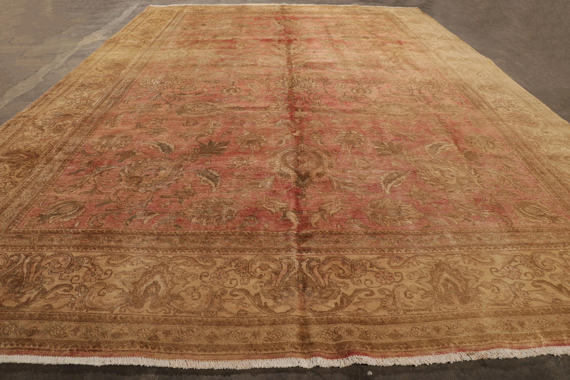 Distressed Antique Persian Tabriz Rug with Rustic English Cottage Style 1