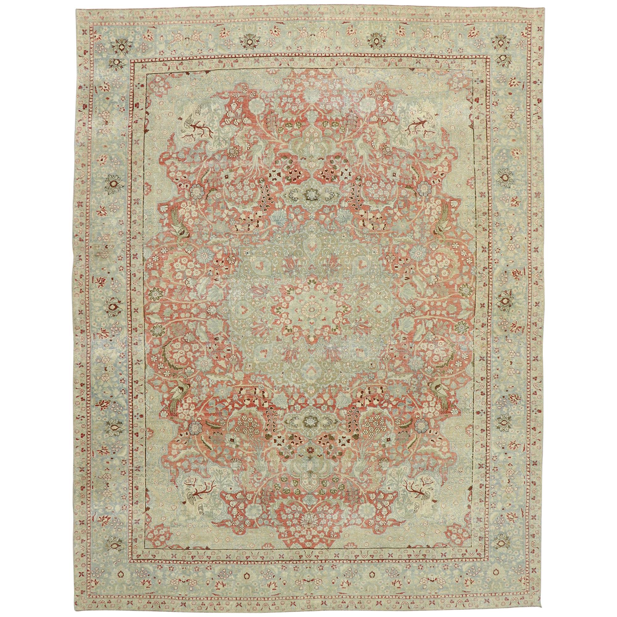 Distressed Antique Persian Tabriz Rug with Rustic English Cottage Style For Sale
