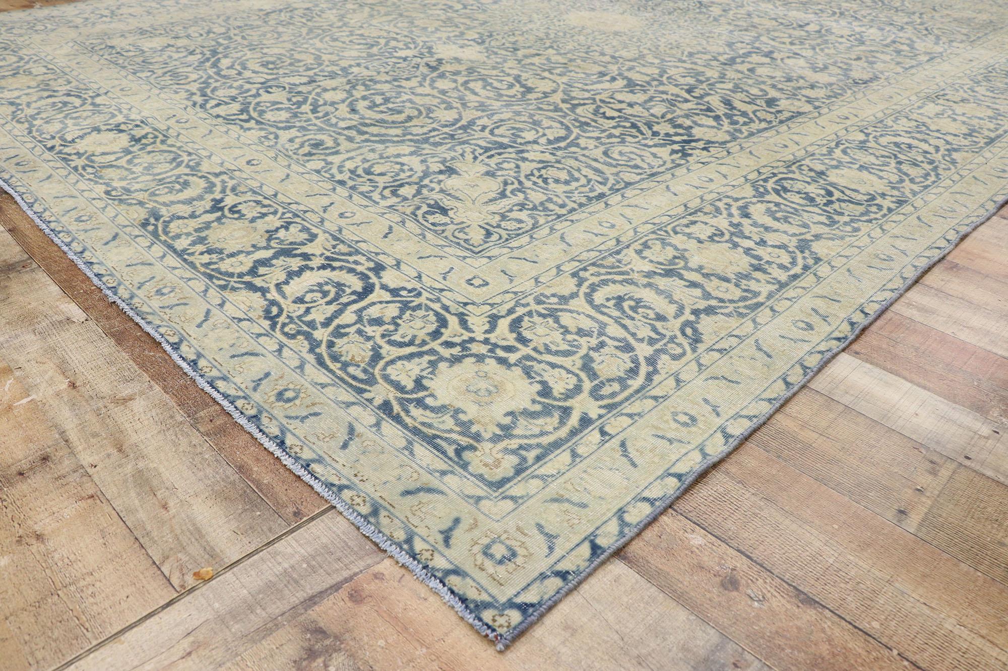 Wool Distressed Antique Persian Tabriz Rug with Rustic Greek Mediterranean Style For Sale