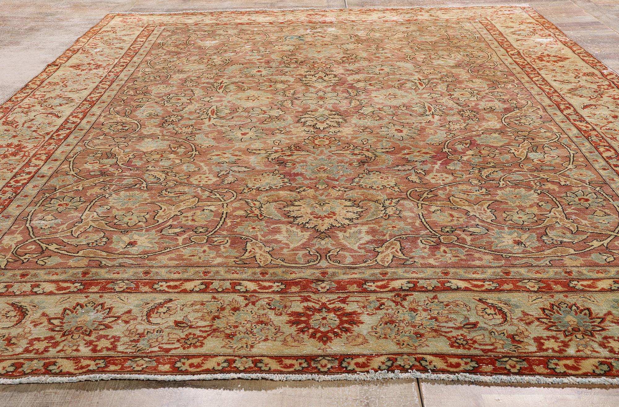 Hand-Knotted Distressed Antique Persian Tabriz Rug with Modern Rustic Style For Sale