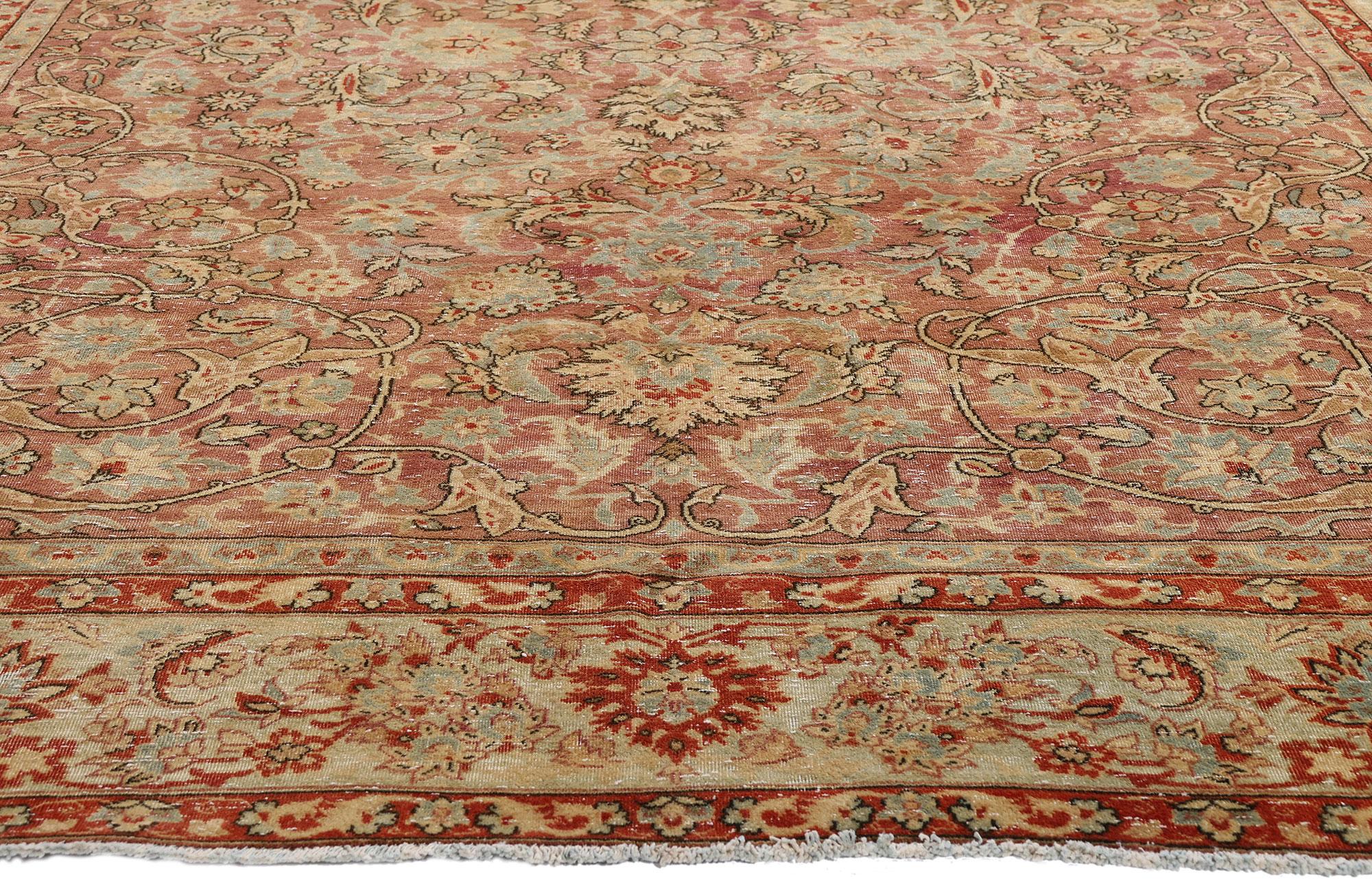Distressed Antique Persian Tabriz Rug with Modern Rustic Style In Distressed Condition For Sale In Dallas, TX
