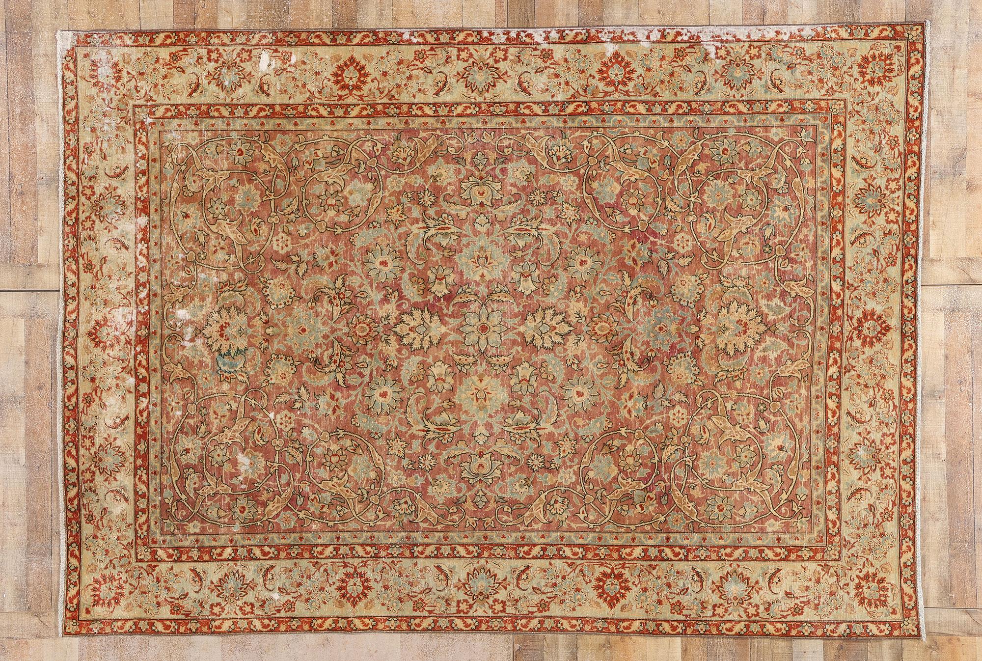 Distressed Antique Persian Tabriz Rug with Modern Rustic Style For Sale 1