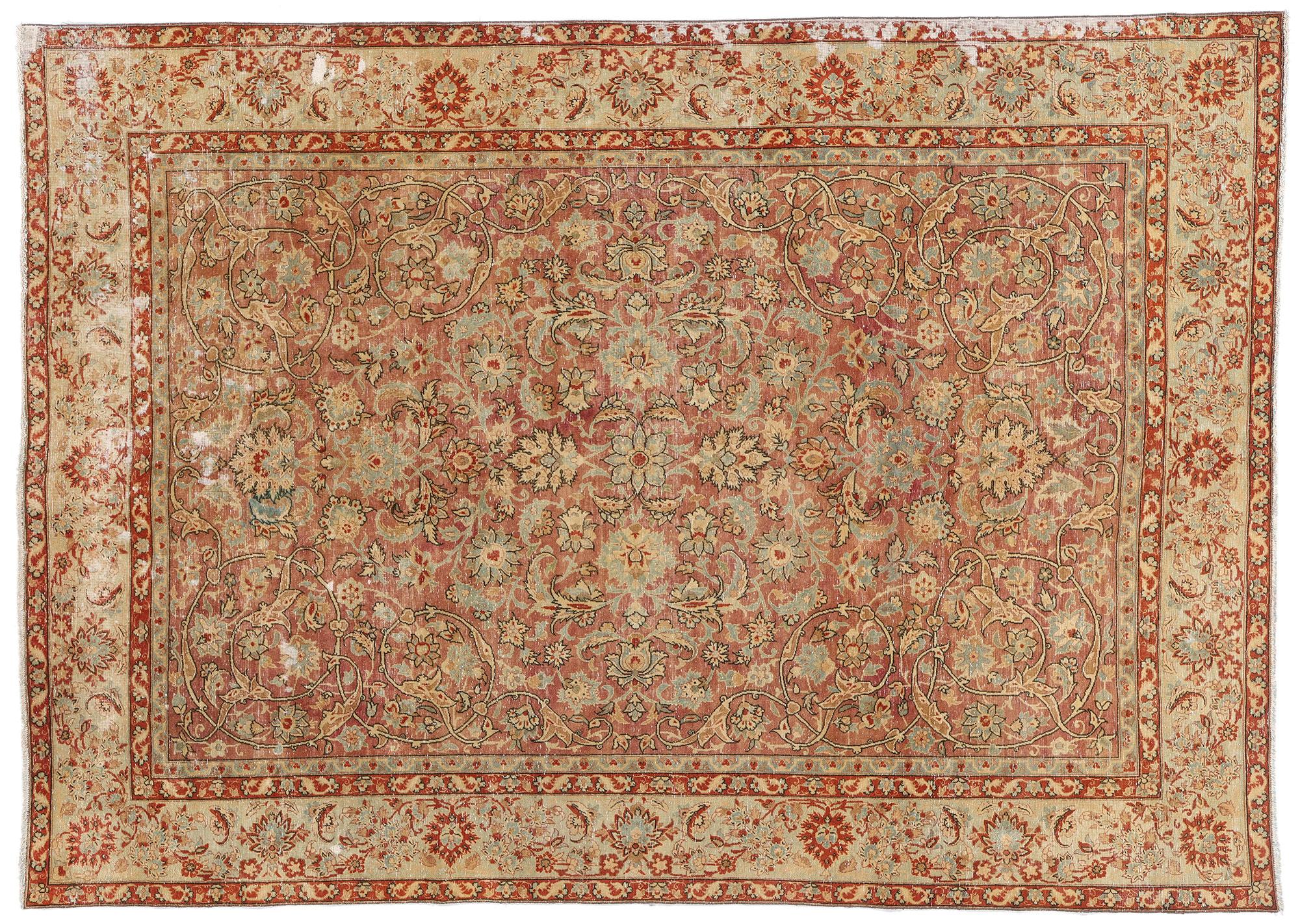 Distressed Antique Persian Tabriz Rug with Modern Rustic Style For Sale 2