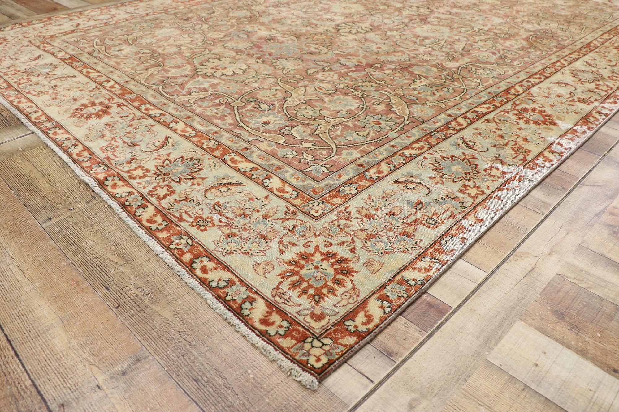 Distressed Antique Persian Tabriz Rug with Rustic Italian Tuscan Style In Distressed Condition For Sale In Dallas, TX