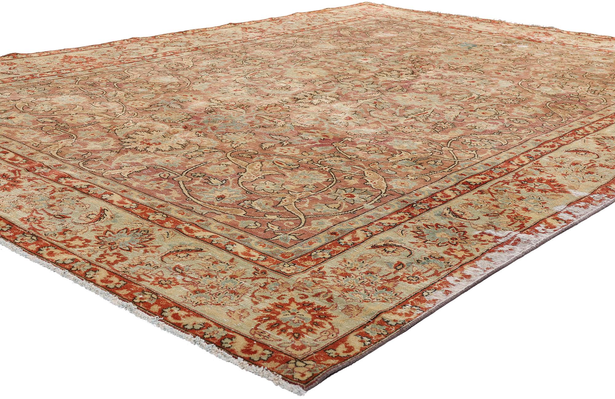 60846 Distressed Antique Persian Tabriz Rug, 07'08 x 10'09. A poetic relic from the golden age of Persian artistry, this hand-knotted wool antique Tabriz rug unveils a world of enduring enchantment and rare sophistication. Its exceptional,