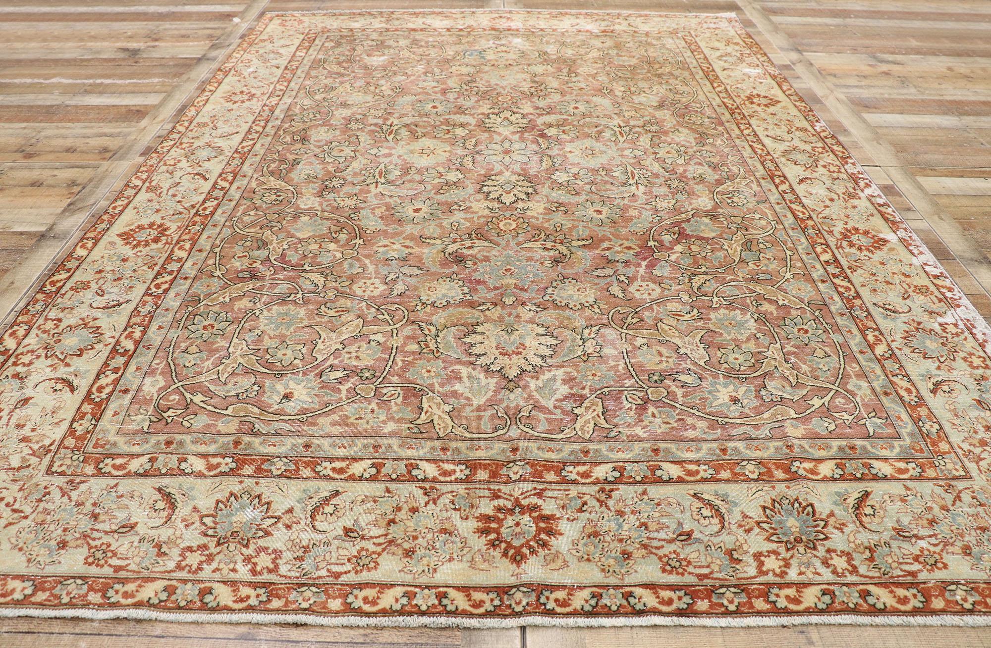 20th Century Distressed Antique Persian Tabriz Rug with Rustic Italian Tuscan Style For Sale