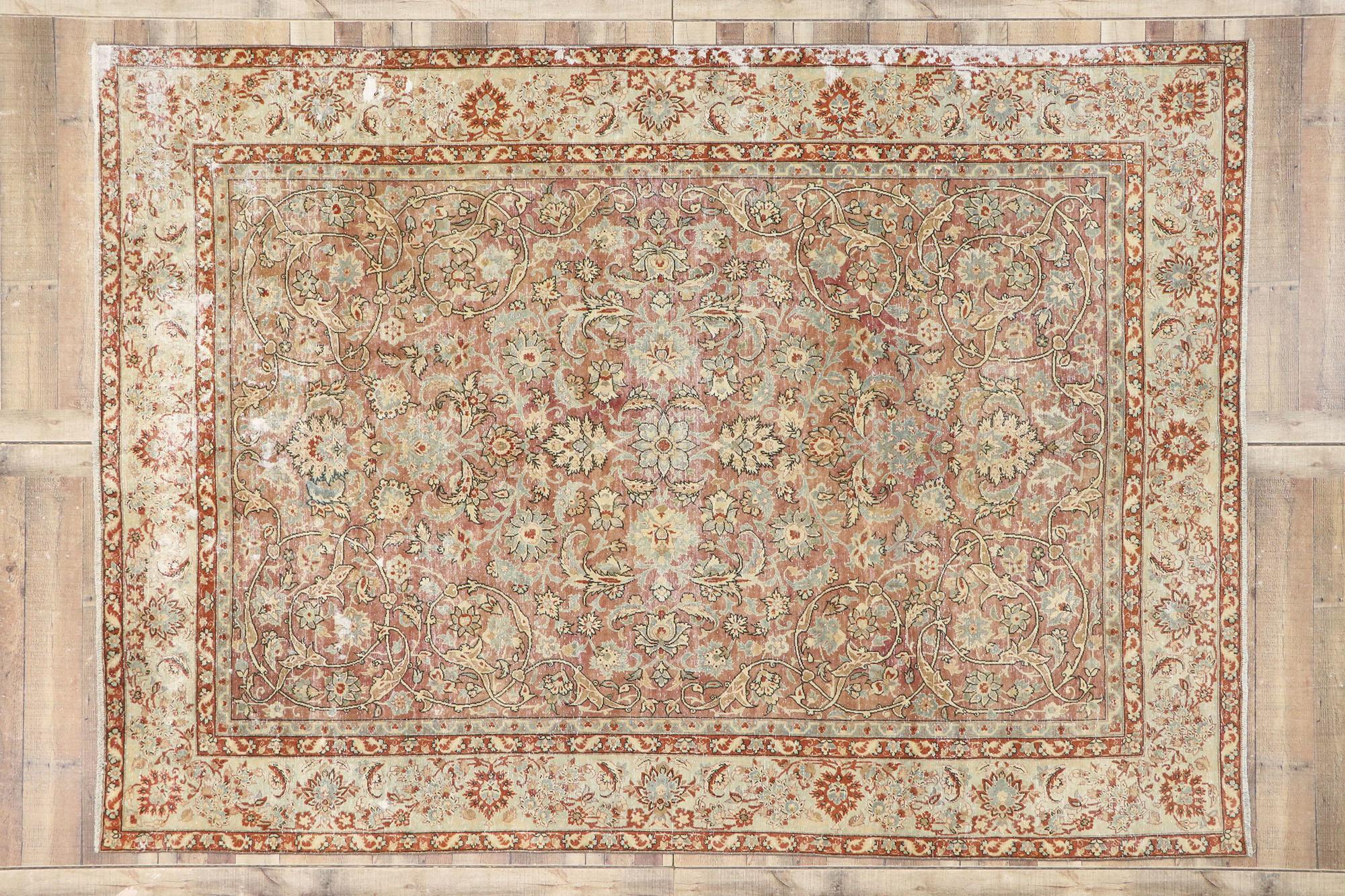 Wool Distressed Antique Persian Tabriz Rug with Rustic Italian Tuscan Style For Sale