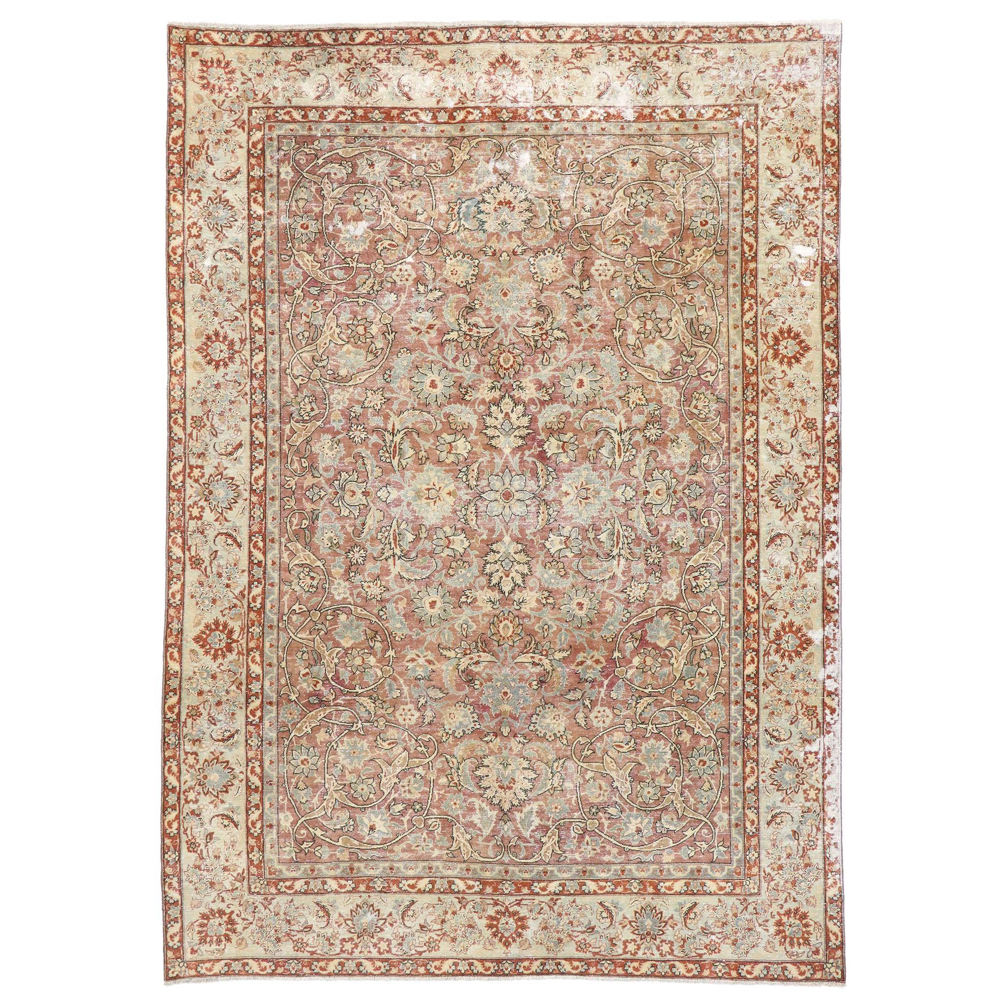 Distressed Antique Persian Tabriz Rug with Rustic Italian Tuscan Style For Sale