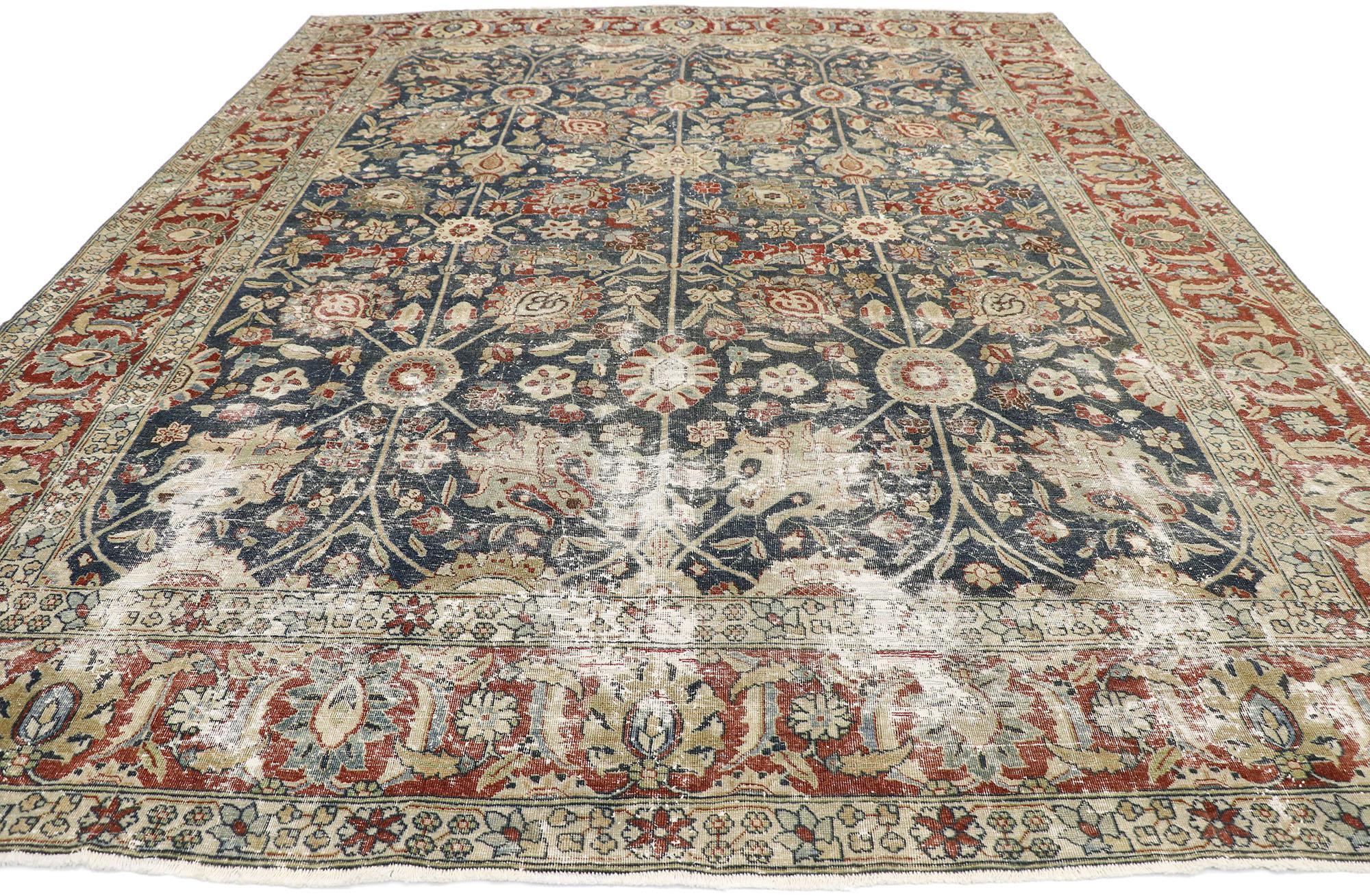 Hand-Knotted Distressed Antique Persian Tabriz Rug with Rustic Old World English Style For Sale