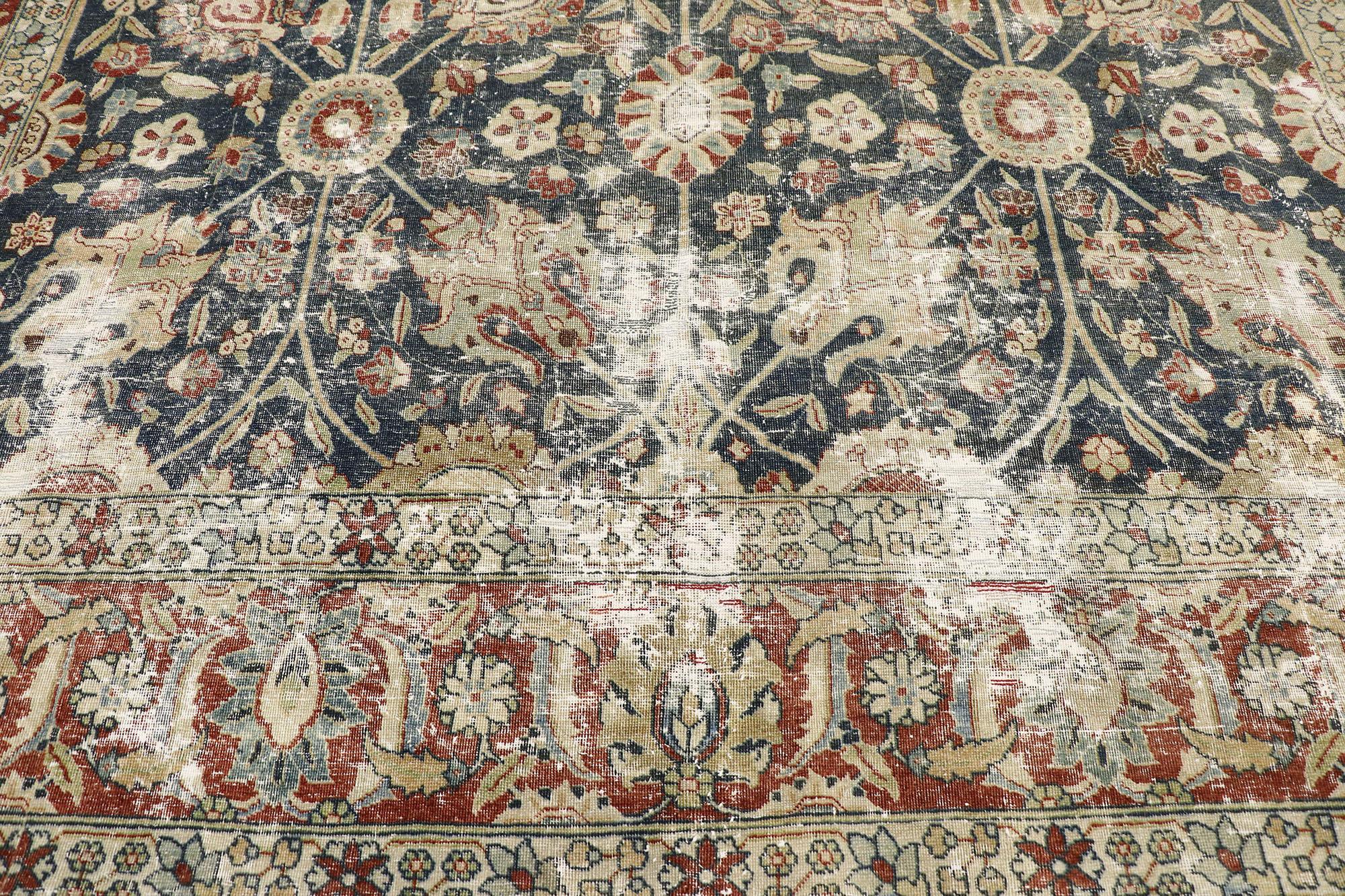 Distressed Antique Persian Tabriz Rug with Rustic Old World English Style In Distressed Condition For Sale In Dallas, TX