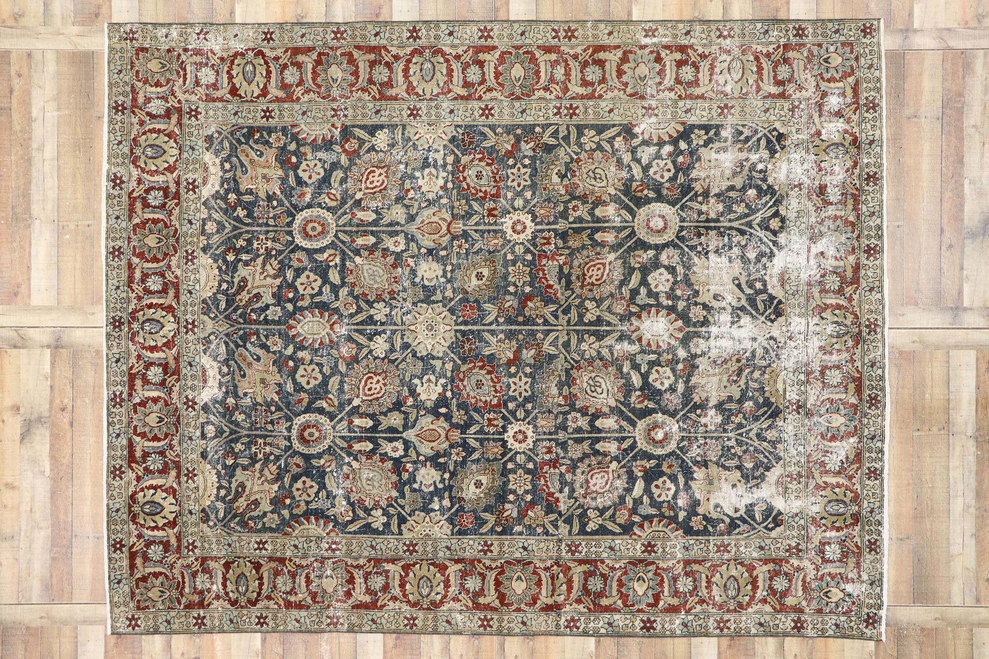 Distressed Antique Persian Tabriz Rug with Rustic Old World English Style For Sale 2