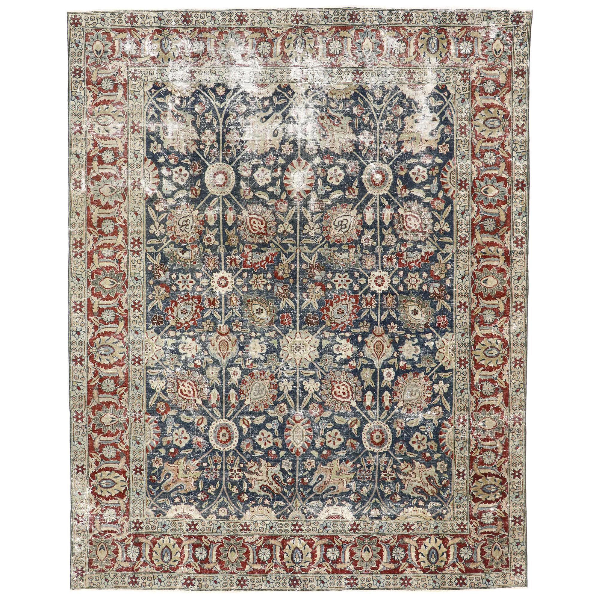 Distressed Antique Persian Tabriz Rug with Rustic Old World English Style For Sale
