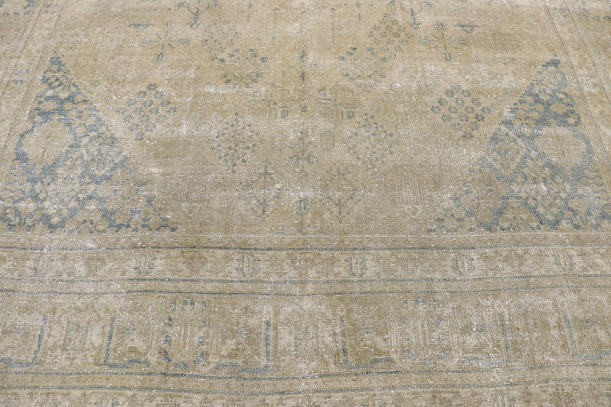 Hand-Knotted Distressed Antique Persian Tabriz Rug with Rustic Plantation Style For Sale