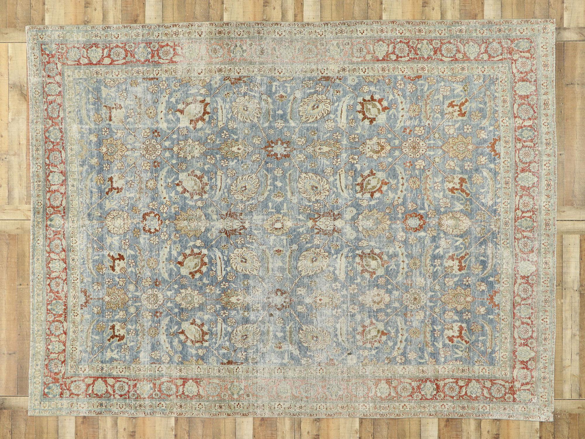 Distressed Antique Persian Tabriz Rug with Modern Rustic Style For Sale 4