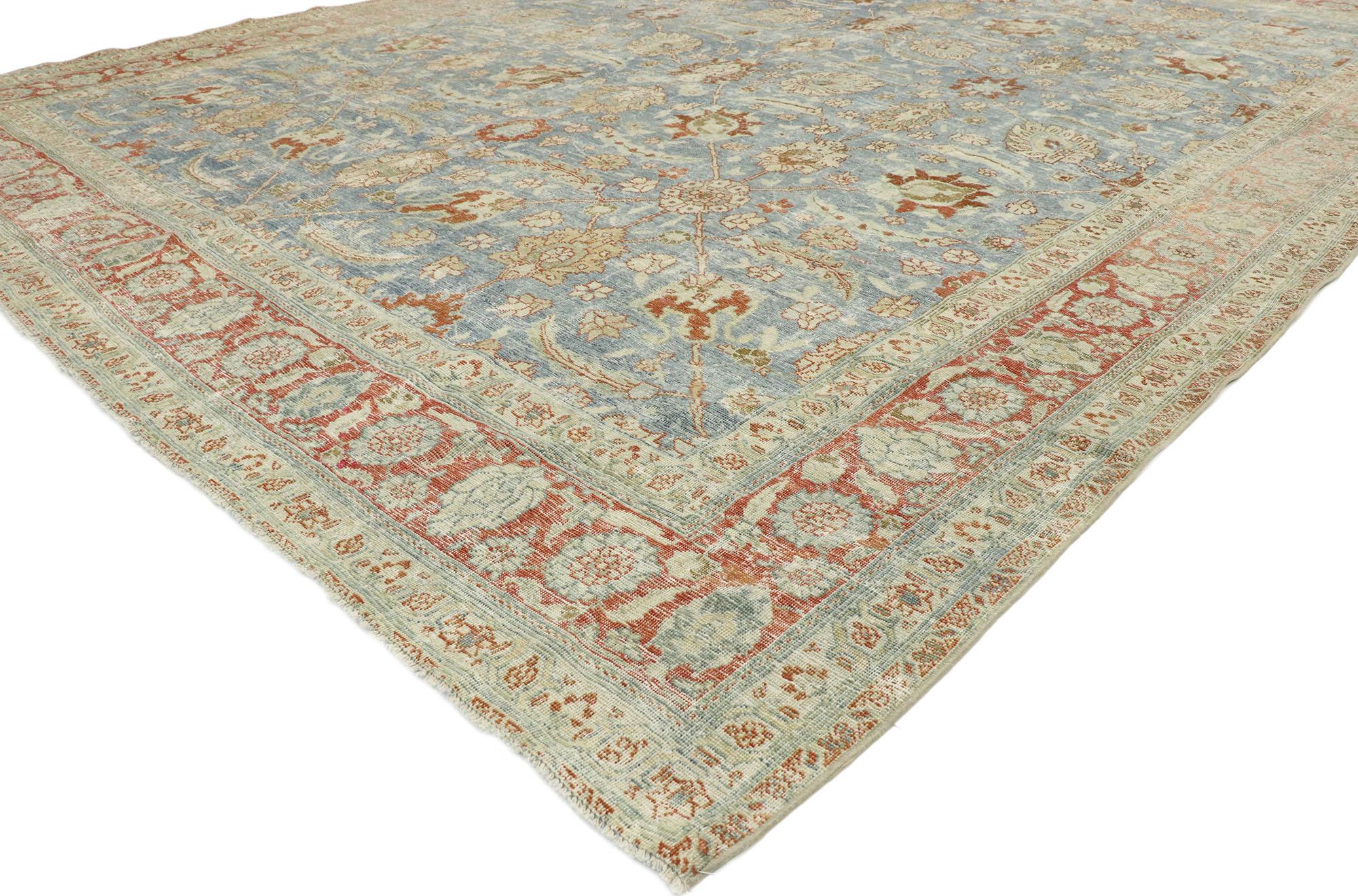 53174 Distressed Antique Persian Tabriz Rug, 08'10 x 11'09. Antique-washed distressed Persian Tabriz rugs are a type of rug that undergoes a special treatment process to give them an aged and weathered appearance, resembling antique rugs. They are