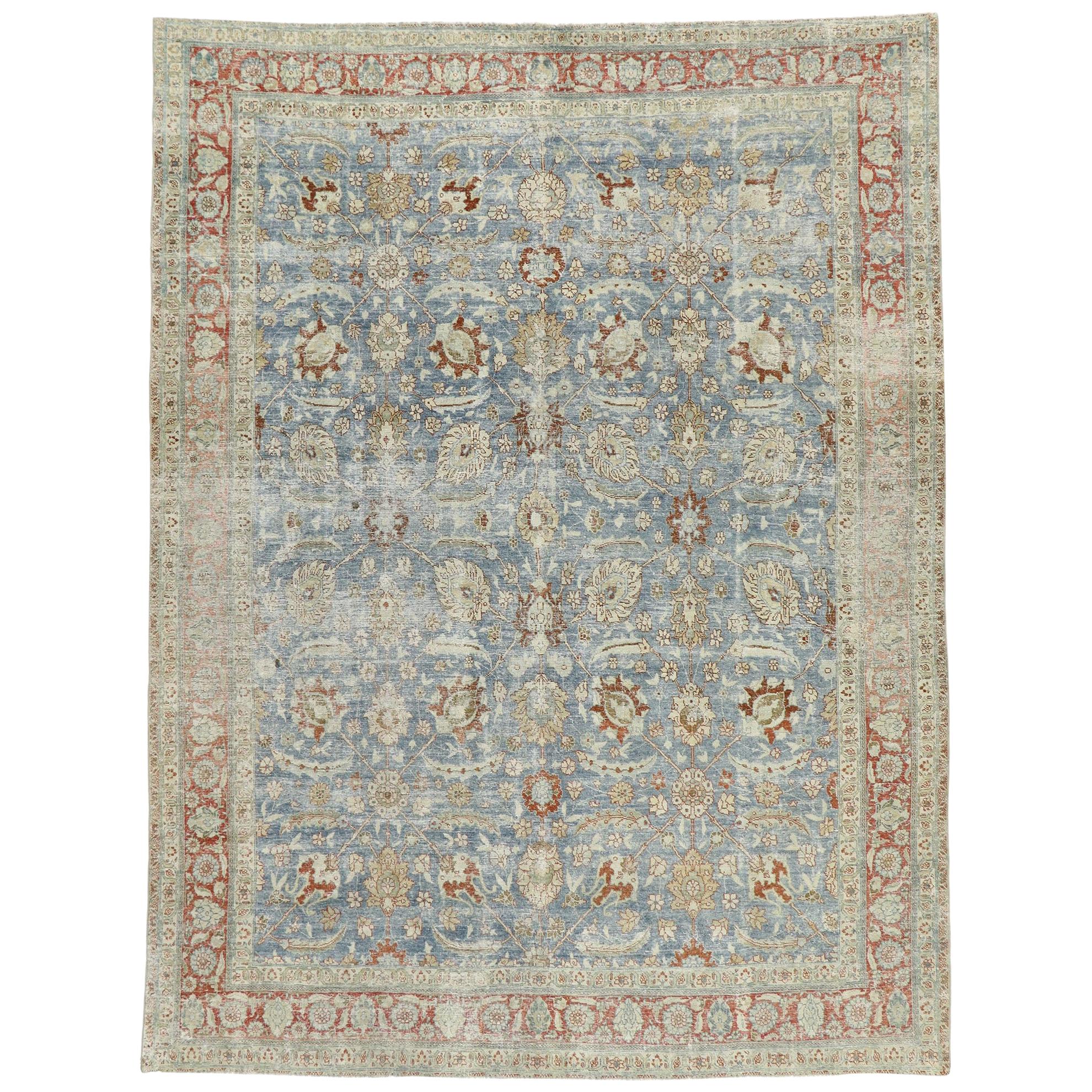 Distressed Antique Persian Tabriz Rug with Modern Rustic Style