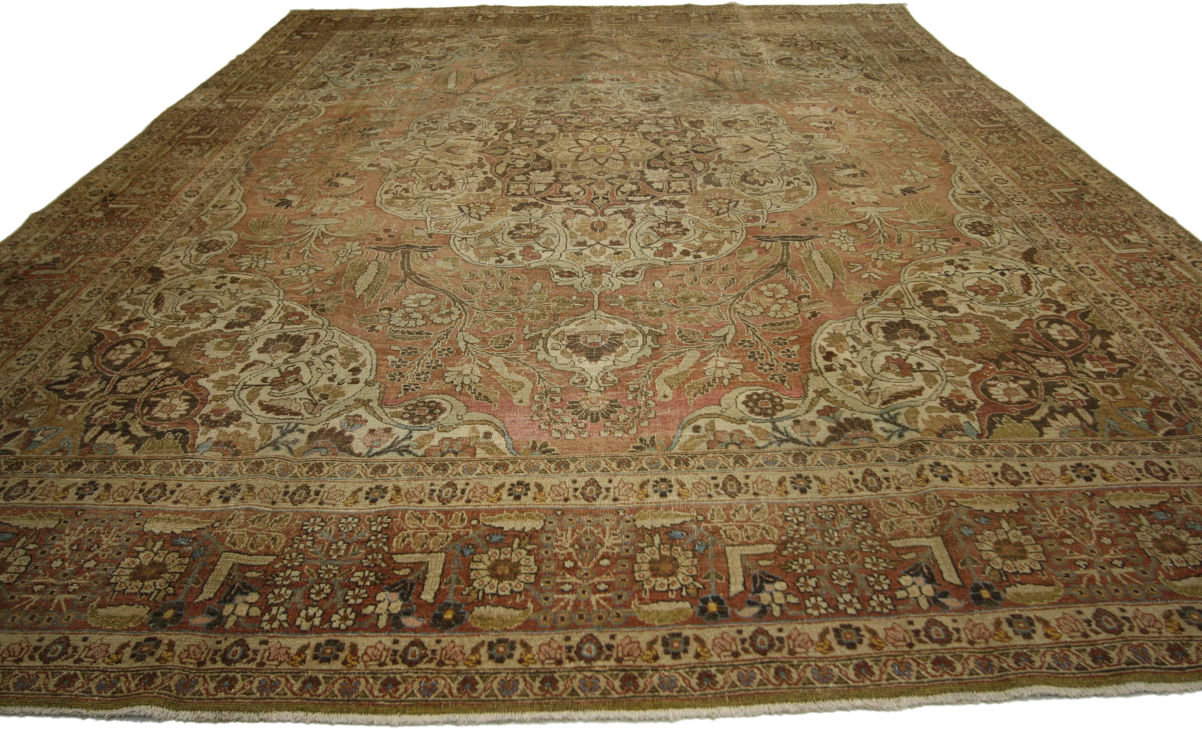 Hand-Knotted Distressed Antique Persian Tabriz Rug with Rustic English Traditional Style For Sale