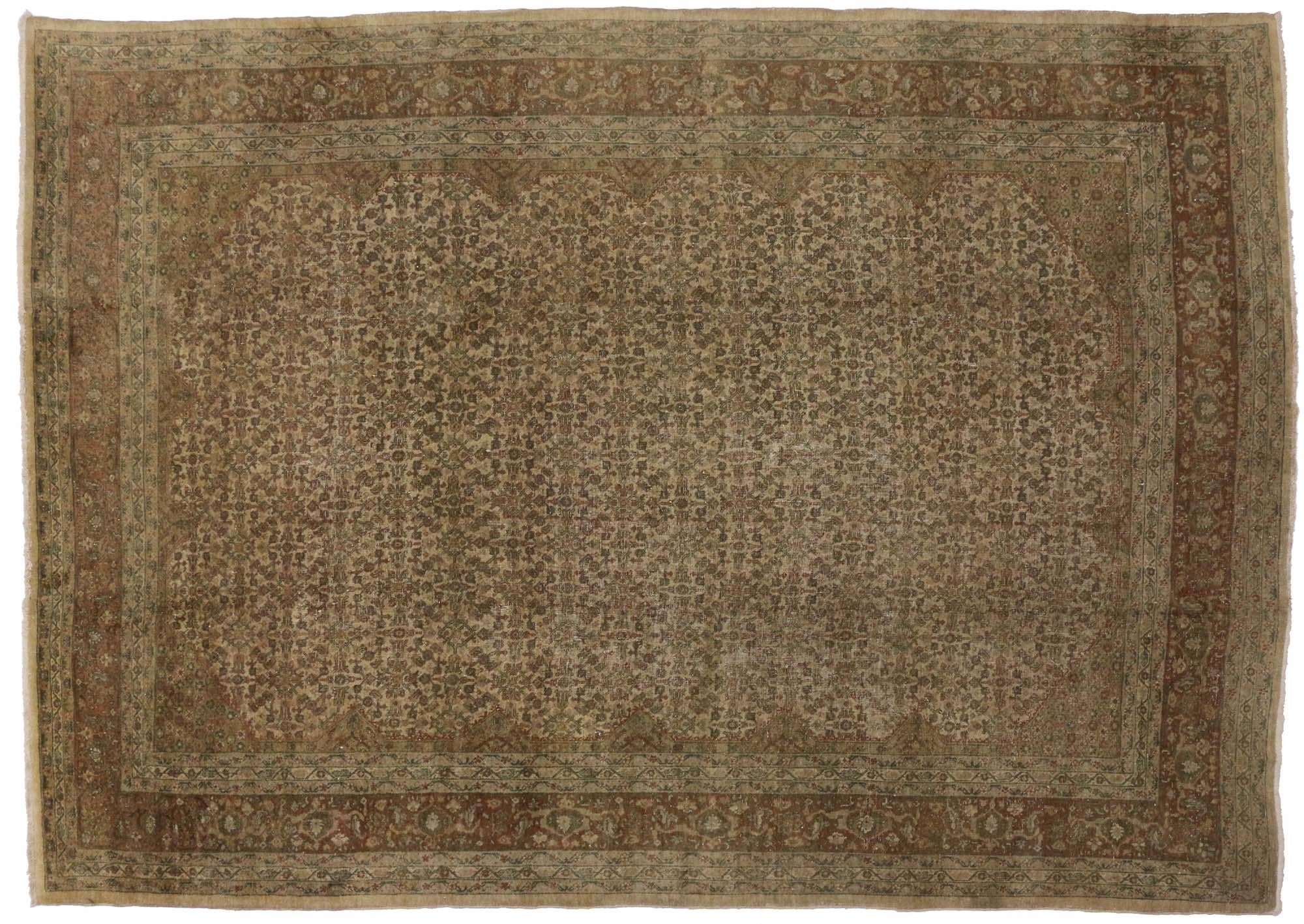 Distressed Antique Persian Tabriz Rug with Traditional Style In Distressed Condition For Sale In Dallas, TX