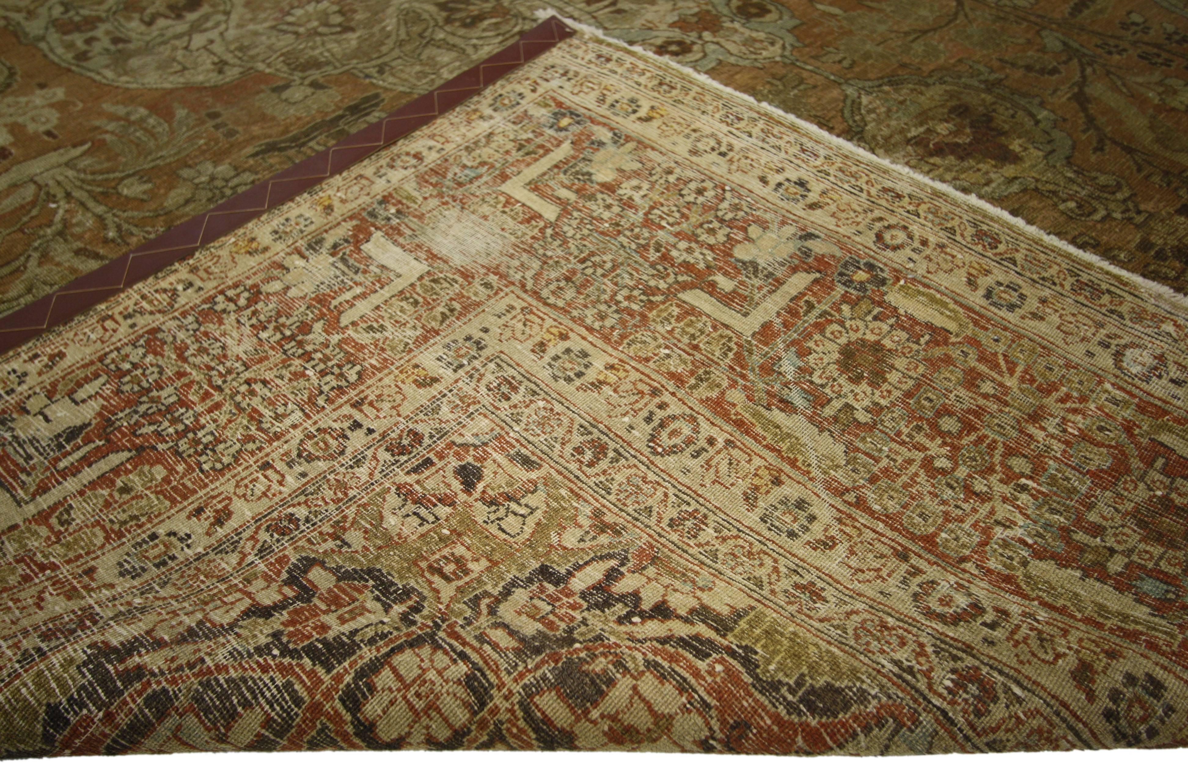 Distressed Antique Persian Tabriz Rug with Rustic English Traditional Style In Distressed Condition For Sale In Dallas, TX