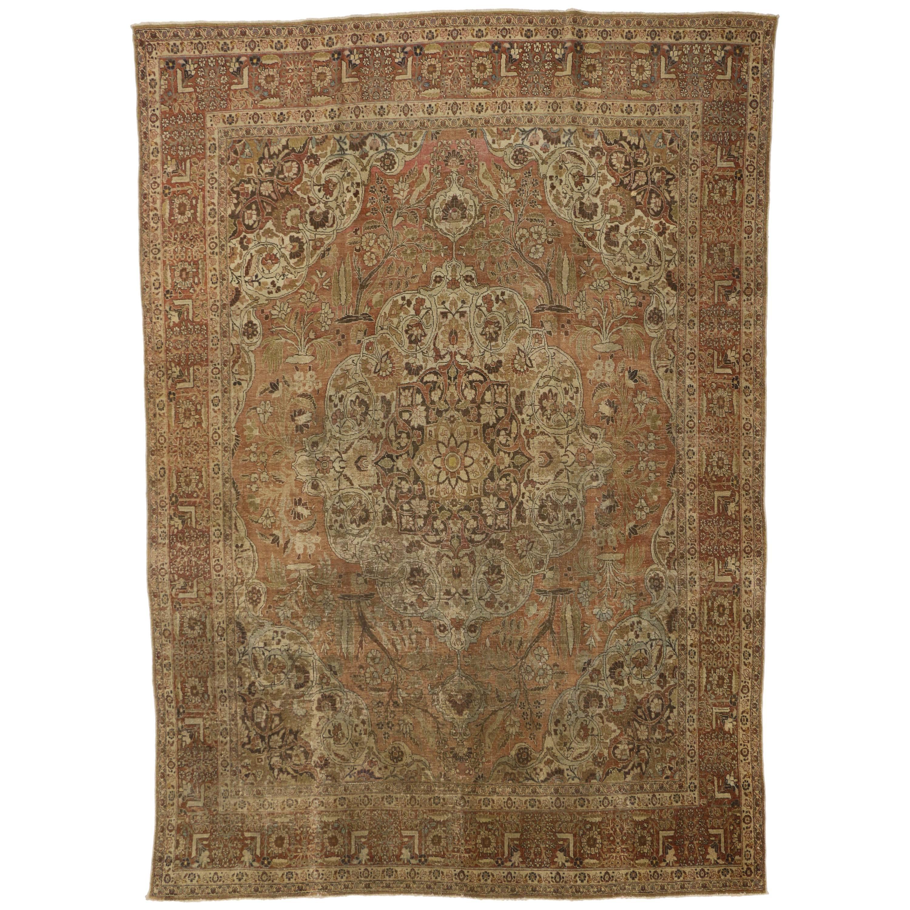 Distressed Antique Persian Tabriz Rug with Rustic English Traditional Style