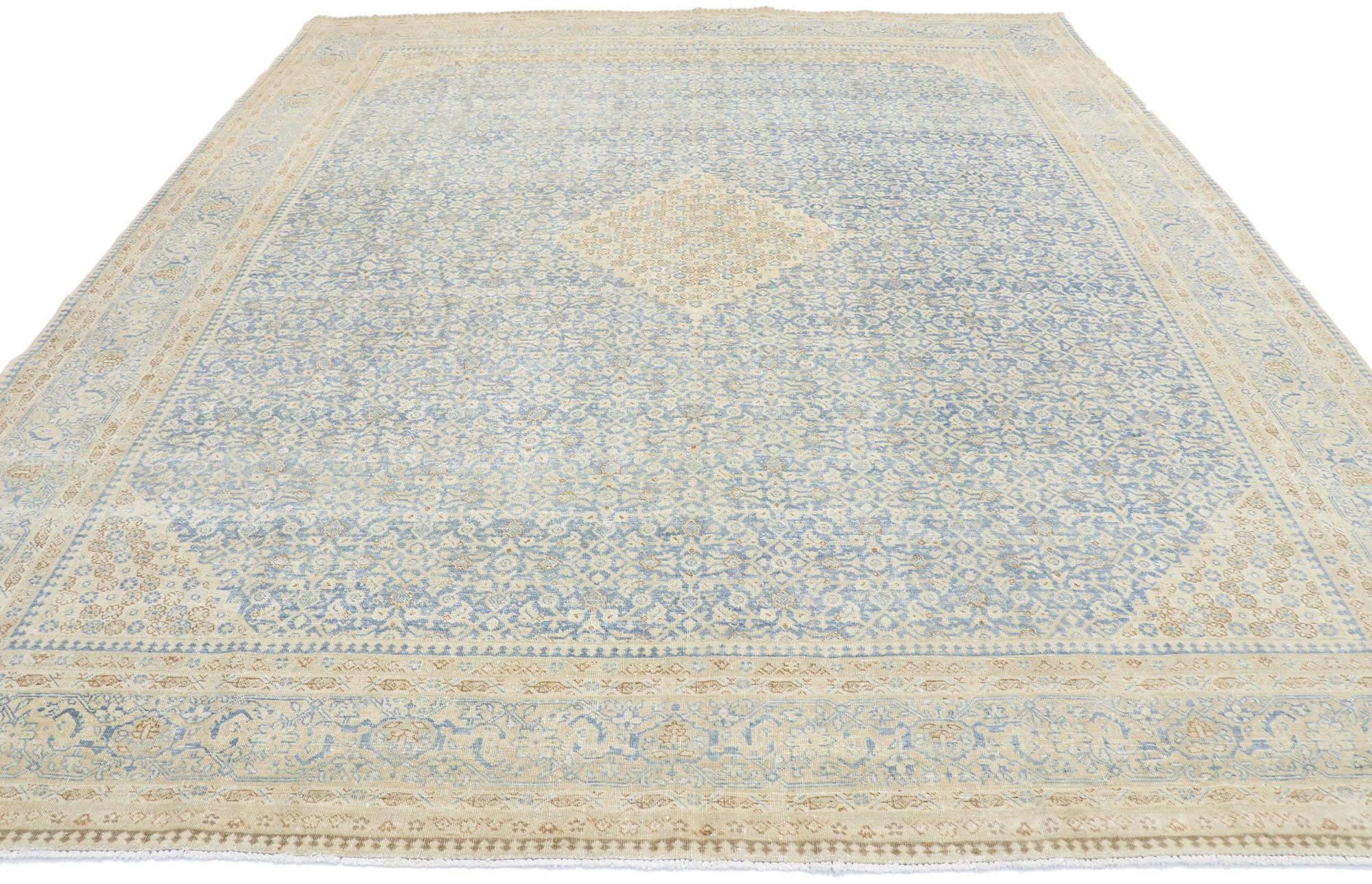 Hand-Knotted Distressed Antique Persian Tabriz Rug with Transitional Coastal Style For Sale