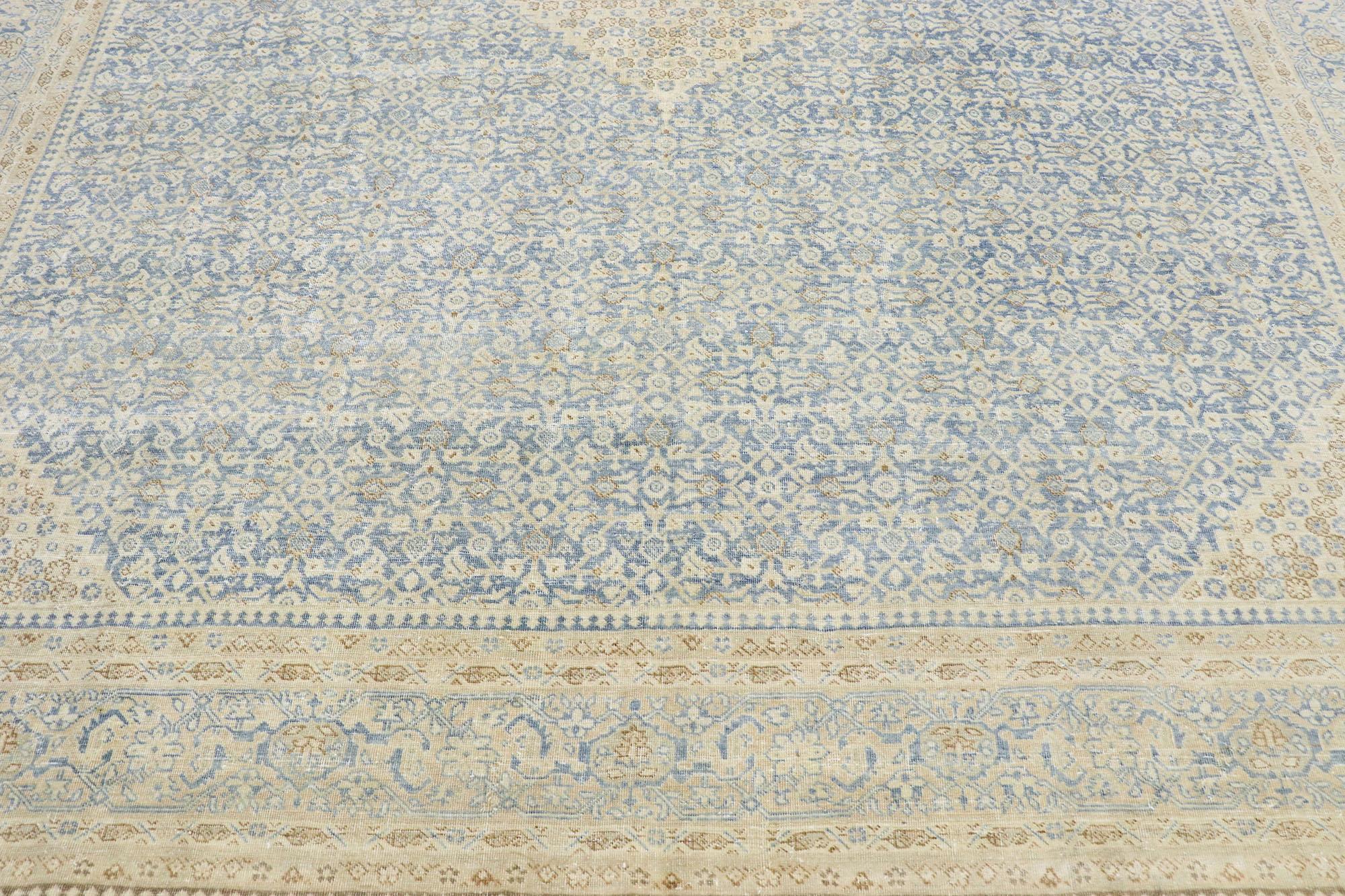 Distressed Antique Persian Tabriz Rug with Transitional Coastal Style In Distressed Condition For Sale In Dallas, TX