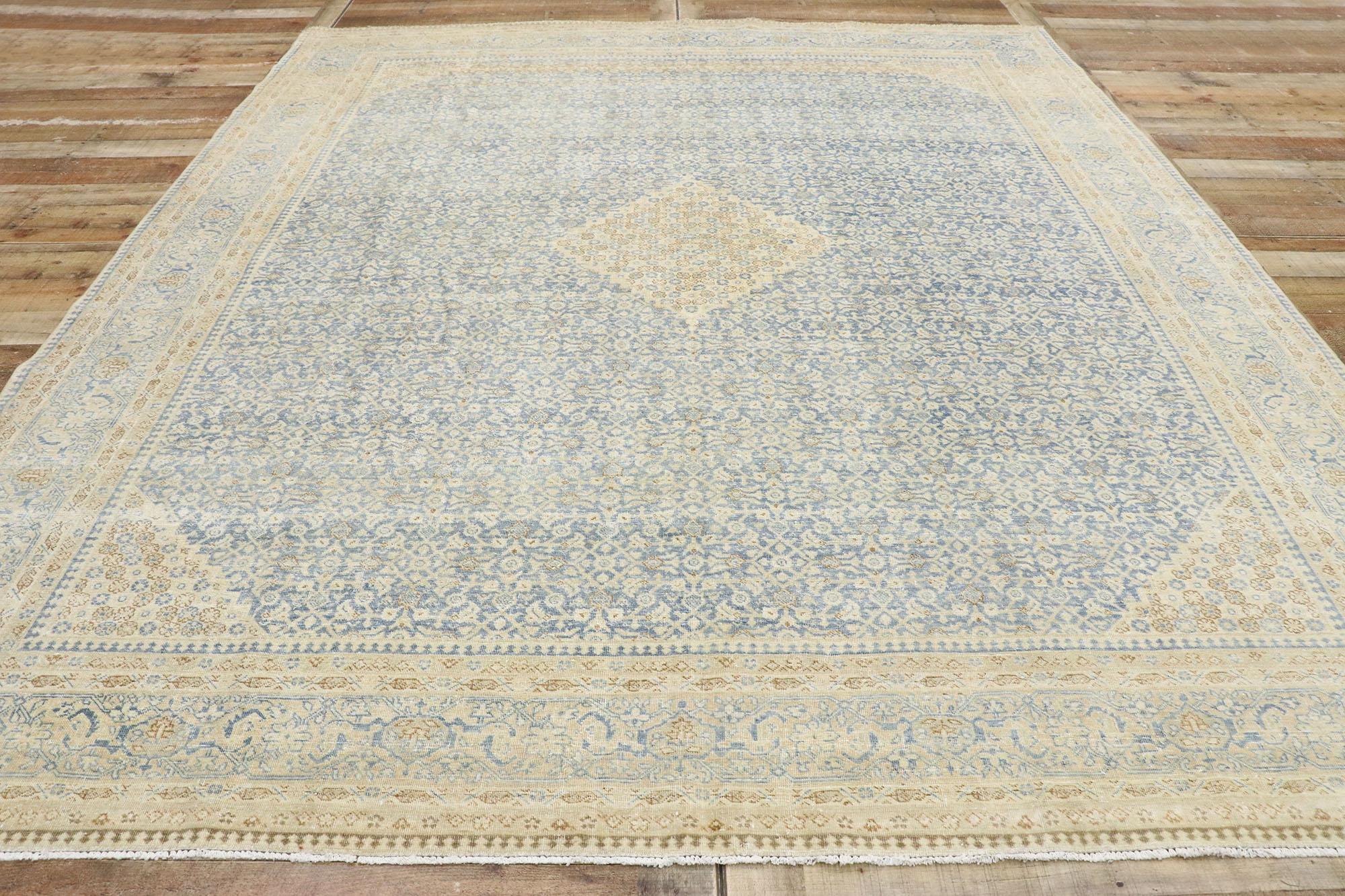 Distressed Antique Persian Tabriz Rug with Transitional Coastal Style For Sale 1