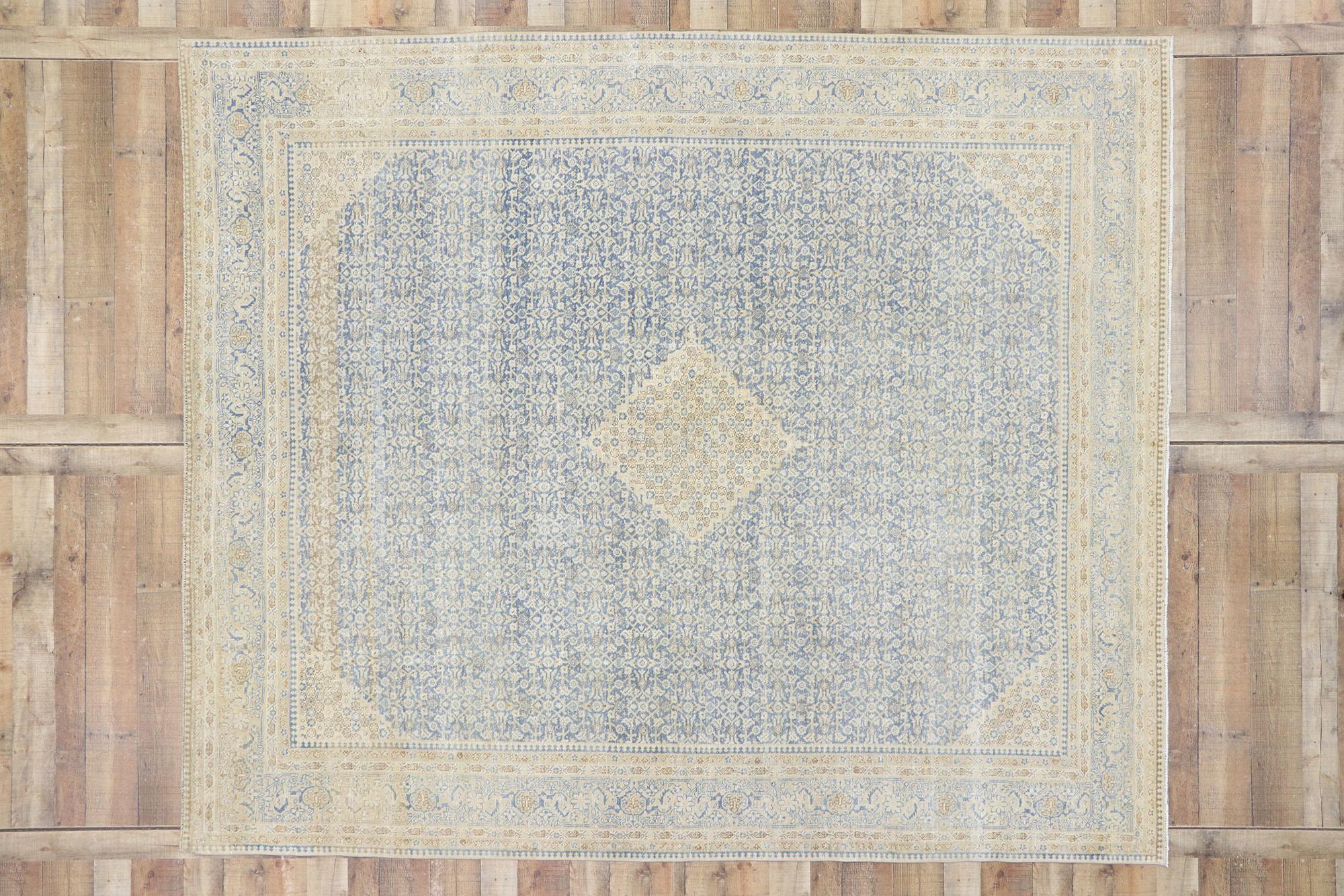 Distressed Antique Persian Tabriz Rug with Transitional Coastal Style For Sale 2