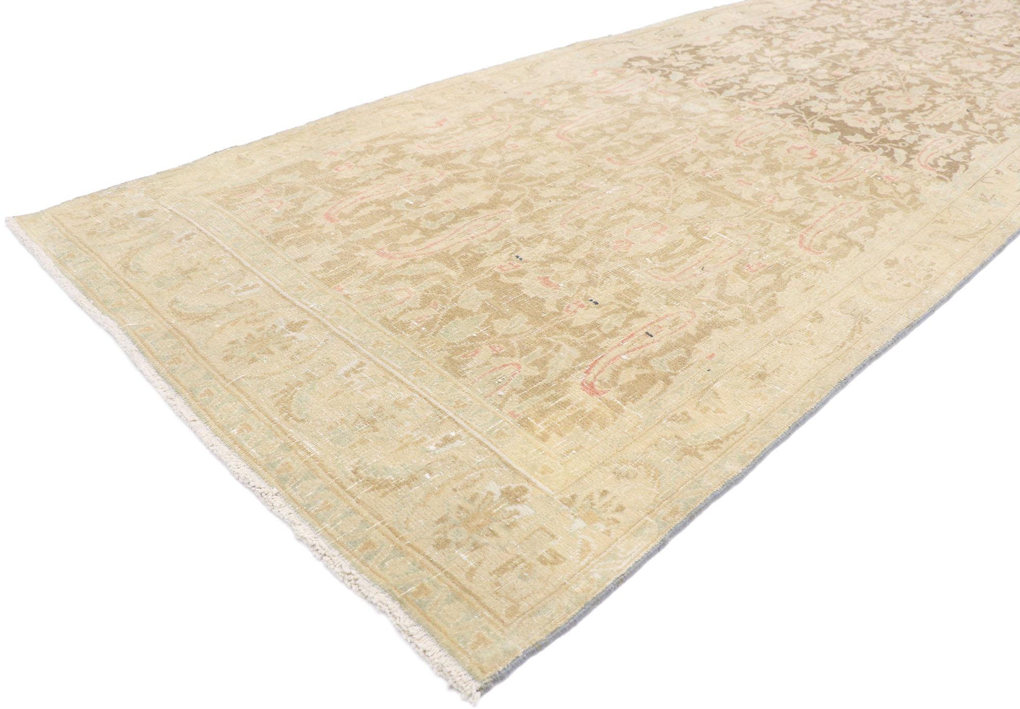 60857 Distressed Antique Persian Tabriz runner with Swedish Farmhouse Cottage style 03'05 x 12'01. Take a timeless, tailored design, mix in a dash of romantic connotations and antique-washed colors to get this fresh look that’s as comfortable as it